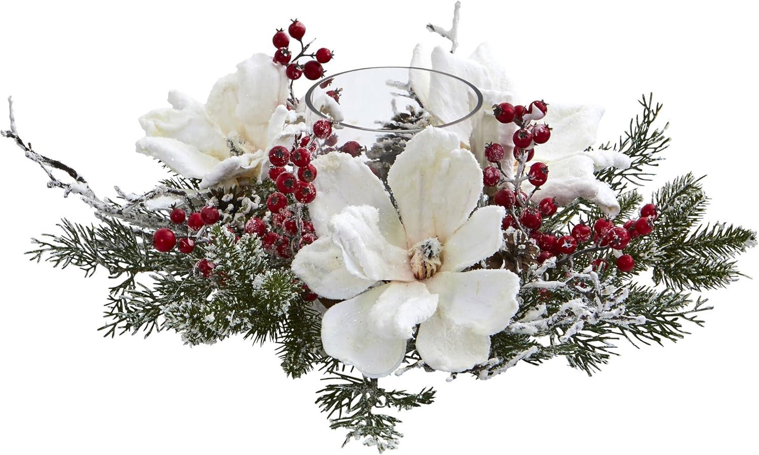 Frosted Magnolia and Berry Winter Tabletop Arrangement