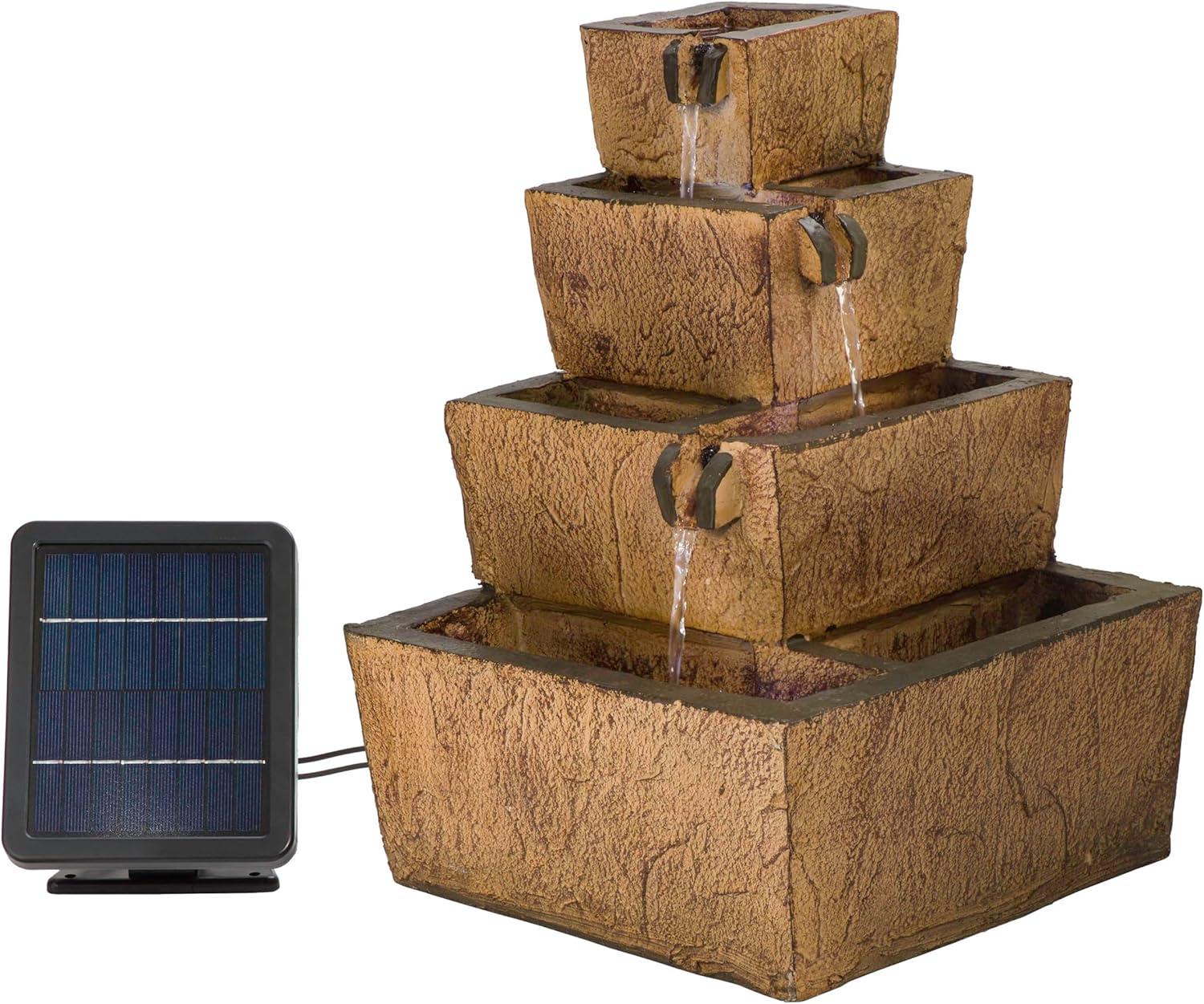 Rustic Brown Solar-Powered Tiered Fountain with LED Lights