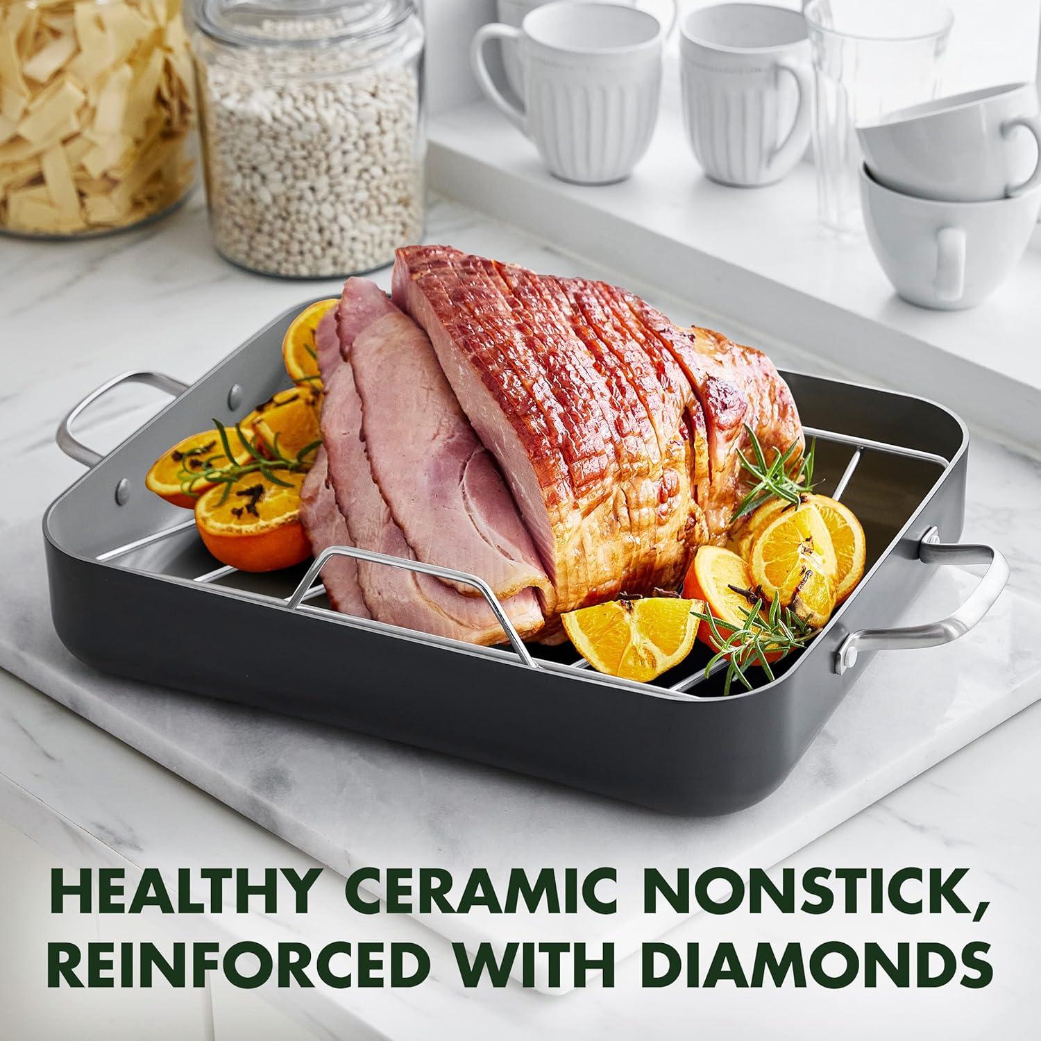 Gray Hard Anodized Nonstick Roasting Pan with Rack and Handles