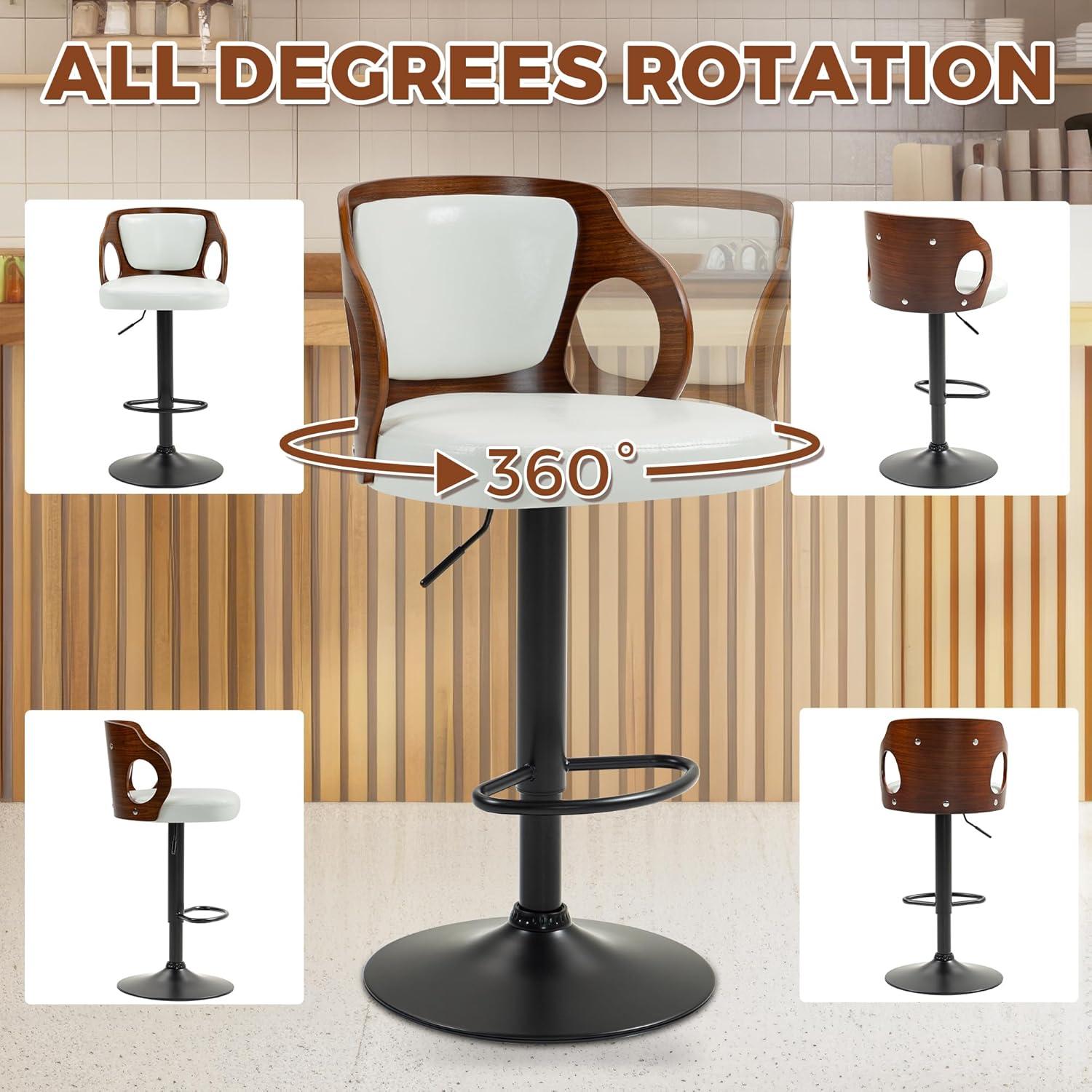 ECOTOUGE Swivel Bar Stools Set of 2, Height Adjustable Island Stools with Bentwood Back, Faux Leather Counter Height Bar Stools for Kitchen, Pub and Cafe, White