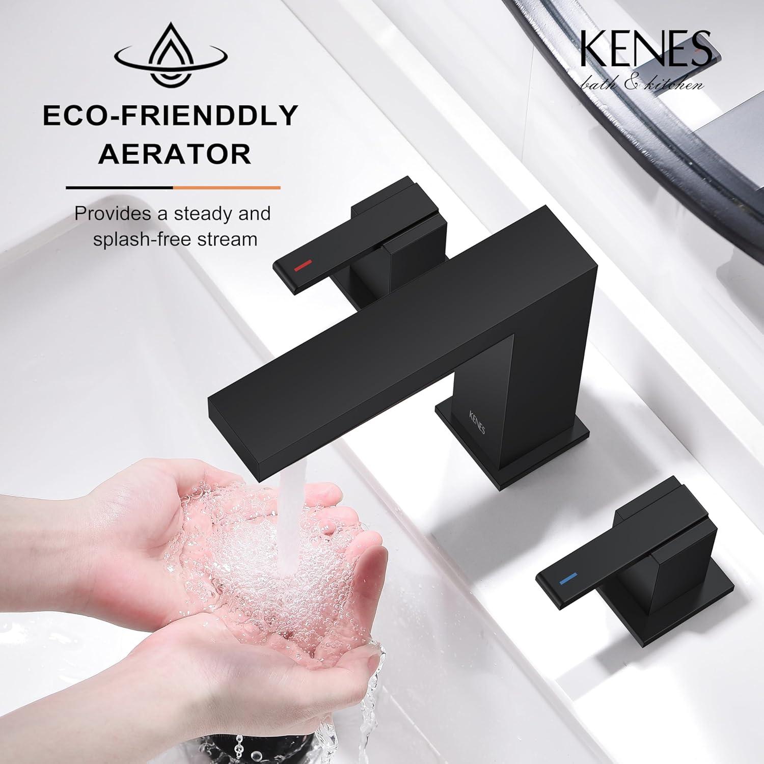 KENES Matte Black Widespread Bathroom Faucet Two Handle Bathroom Sink Faucets Black 3 Hole, 8-Inch 3 Pieces Bathroom Vanity Faucet Lavatory Faucet with Supply Lines, KE-9050-2