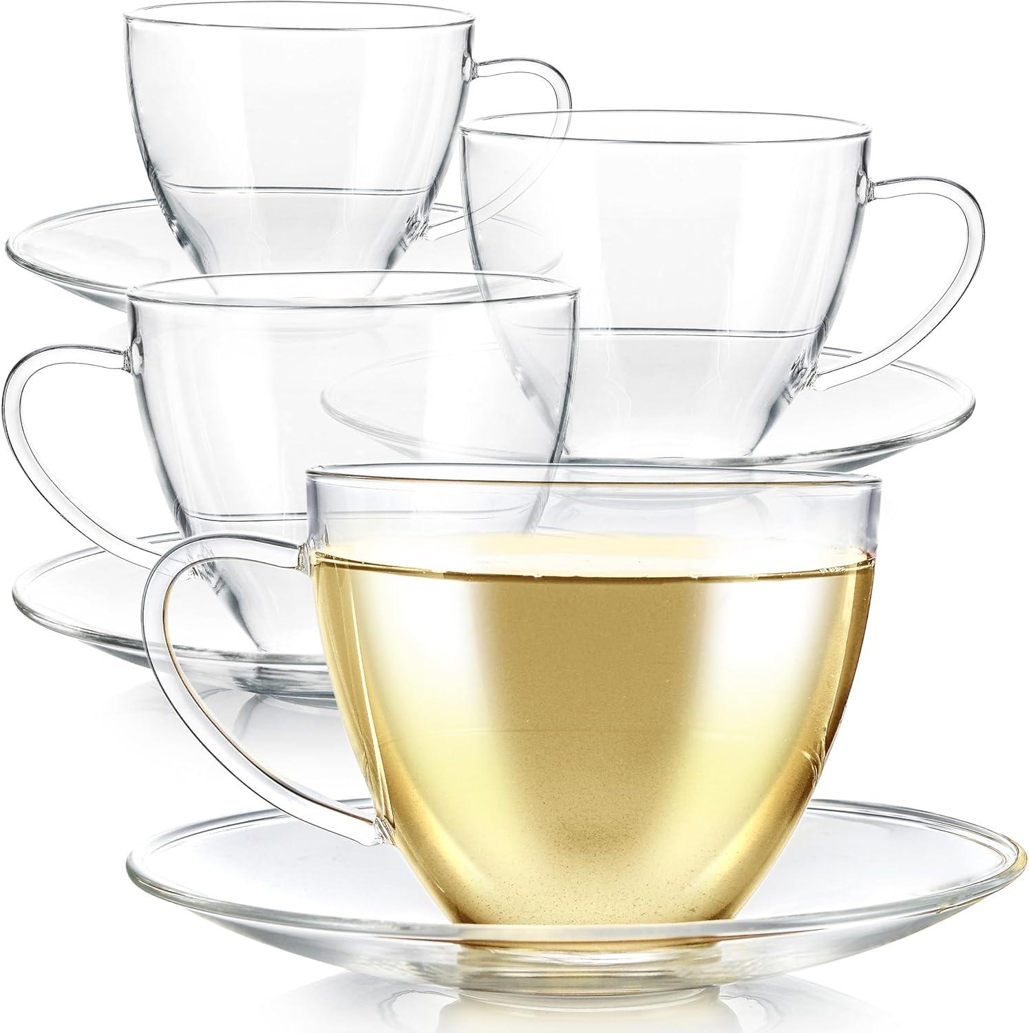 Royal Clear Glass Teacup and Saucer Set, 12 OZ, 4-Pack