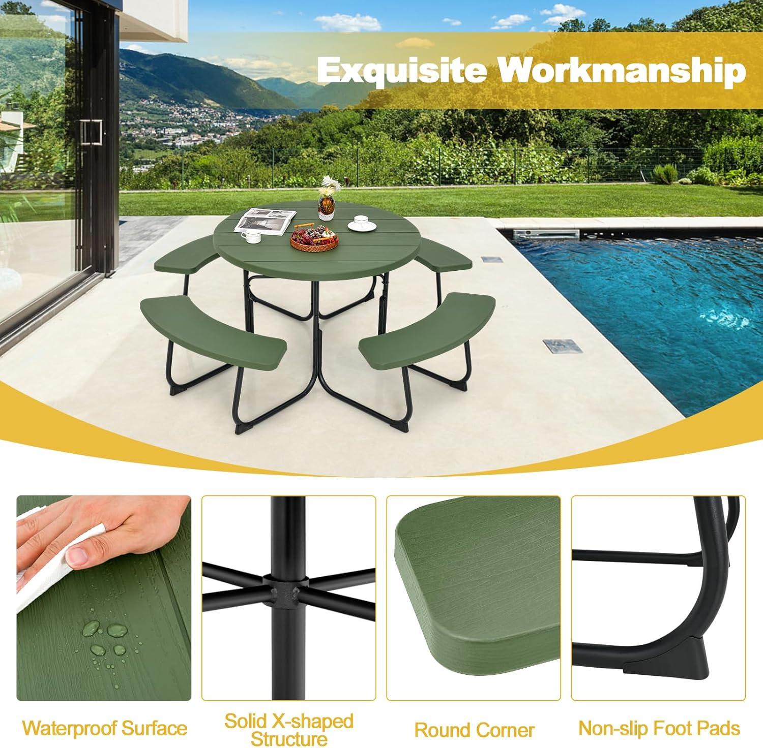 Costway Outdoor 8-person Round Picnic Table Bench Set with 4 Benches & Umbrella Hole Green