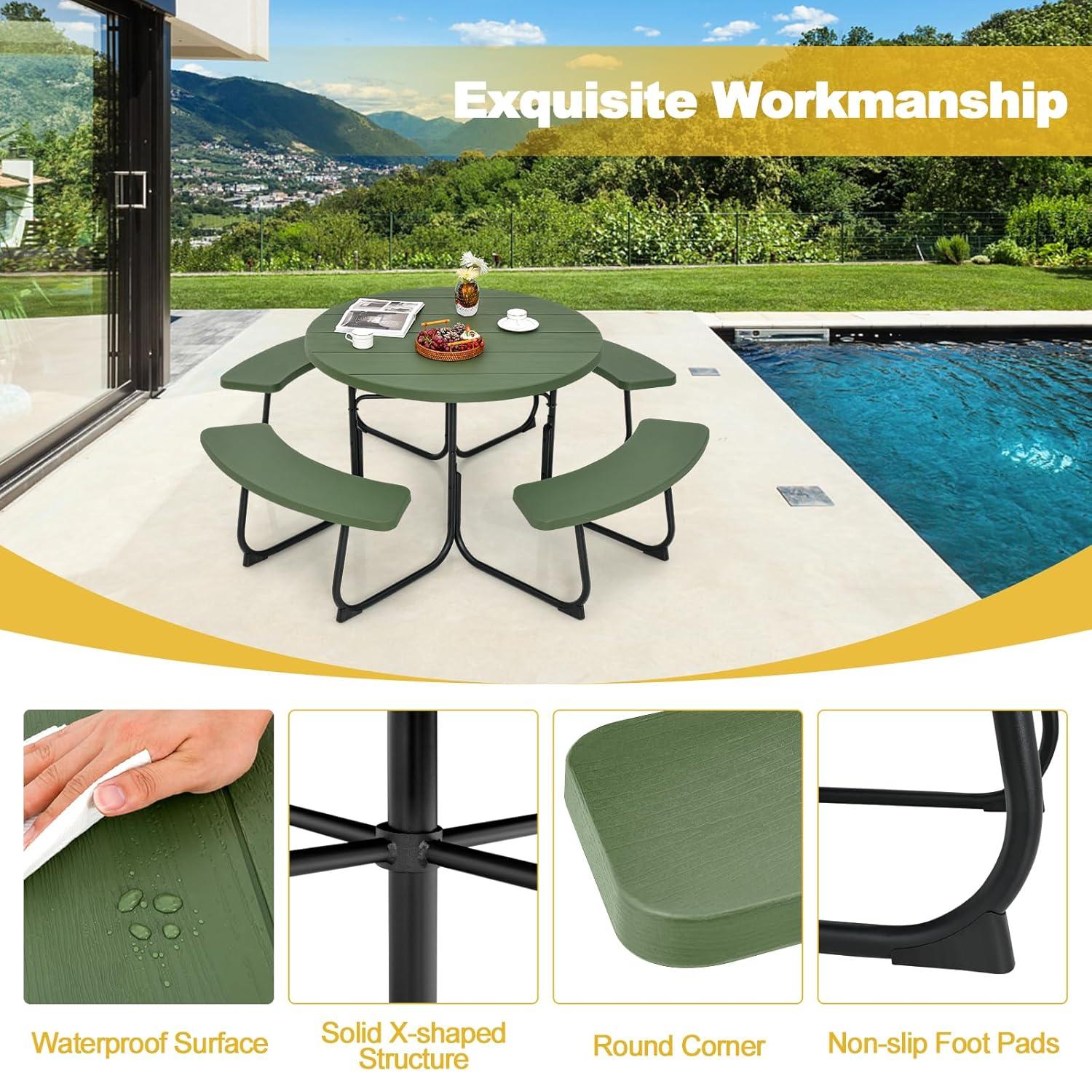 Costway Outdoor 8-person Round Picnic Table Bench Set with 4 Benches & Umbrella Hole Green