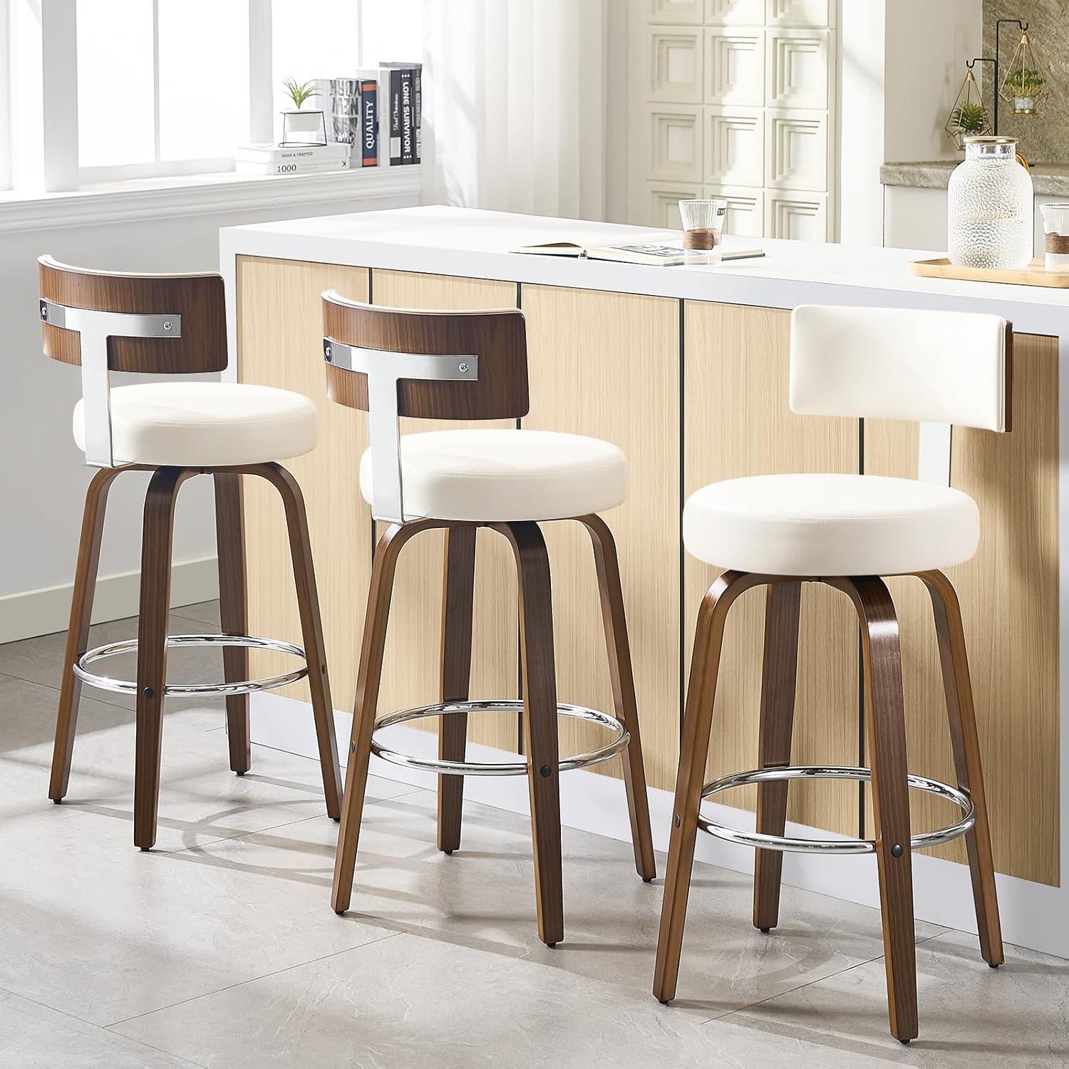 White Swivel Upholstered Counter Stools with Walnut Wood Legs