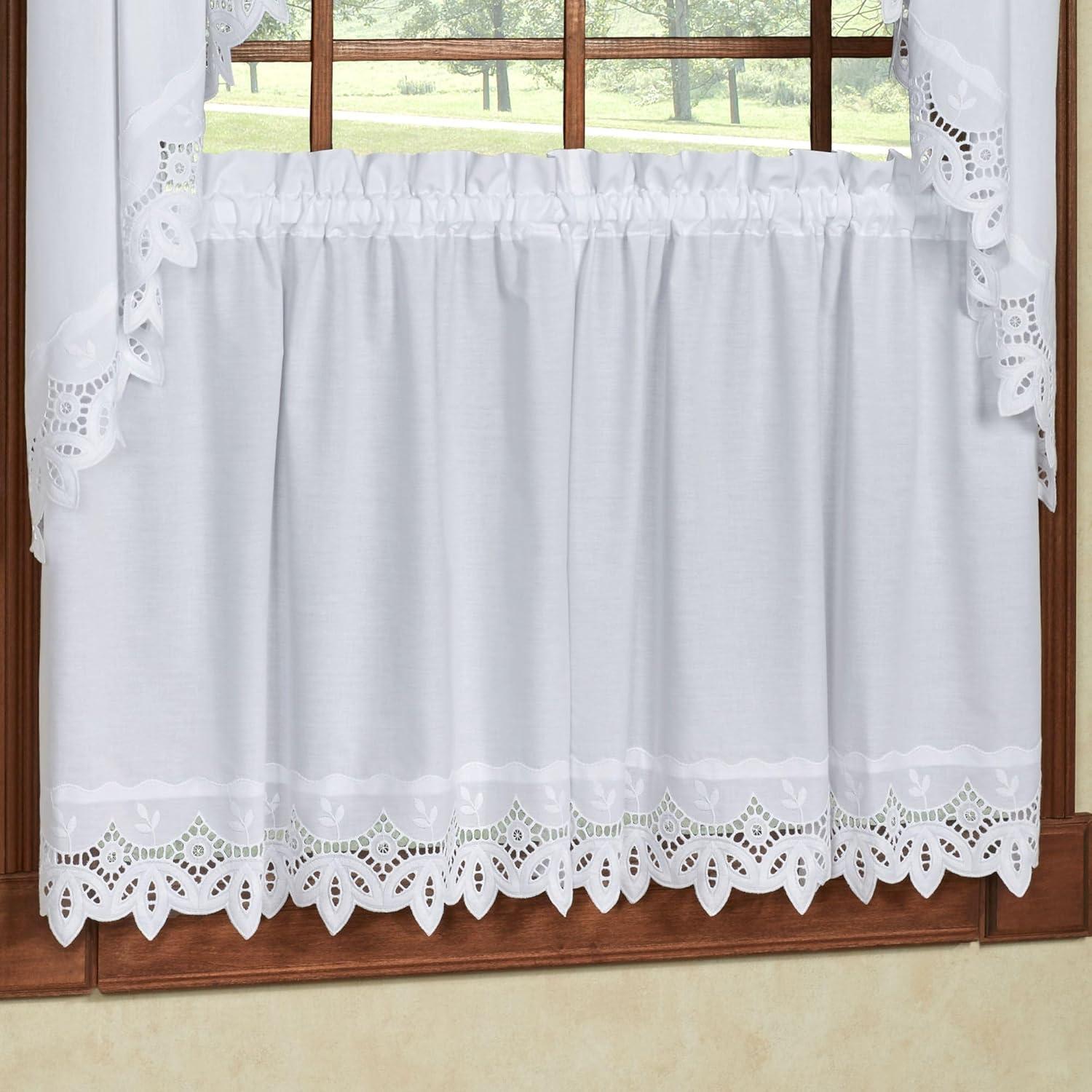 Ecru Cotton Polyester Sheer Lace Detail Tier Curtains