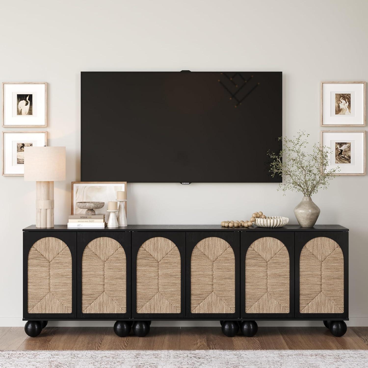 Black Seagrass Bohemian TV Stand with Solid Wood Legs