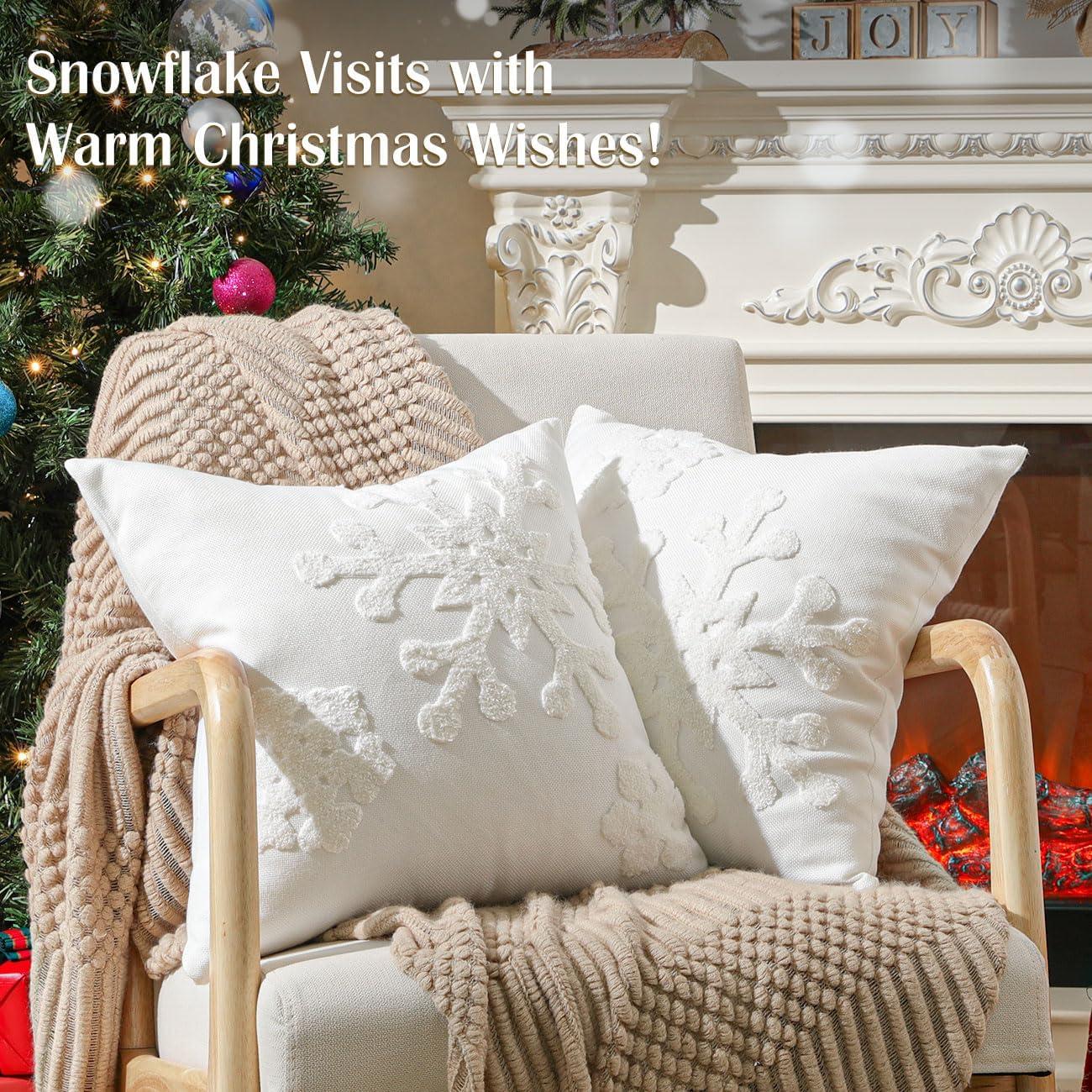 White Polyester Embroidered Snowflake Christmas Throw Pillow