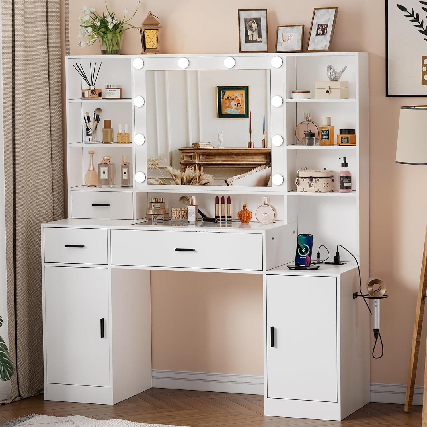 PAKASEPT Vanity Desk with Mirror and Lights, Corner Makeup Table with 3 Color Lighting, White Vanity with Power Strip & Hooks, Hidden and Open Shelves, Adjustable Brightness, 47.2 Inch