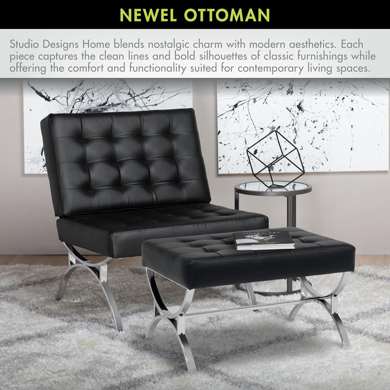 studio designs Newel Modern Square Ottoman Blended Leather and Chrome Metal Frame Chrome/Black: 18" High, Rectangular, Steel Base