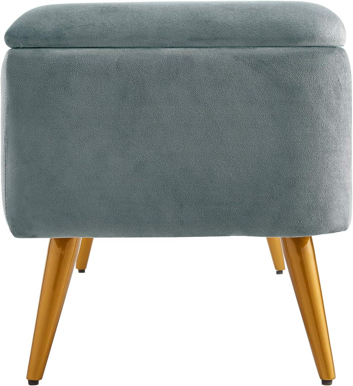 Gray Velvet Upholstered Storage Bench with Golden Tapered Legs