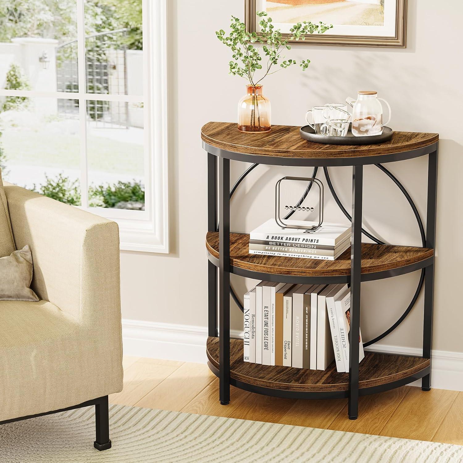 LITTLE TREE Half Round End Table, 3-Tier Narrow Side Table with Metal Frame, Half Circle Table, Half Moon Small Coffee Accent Table Bedside Table for Living Room, Bedroom