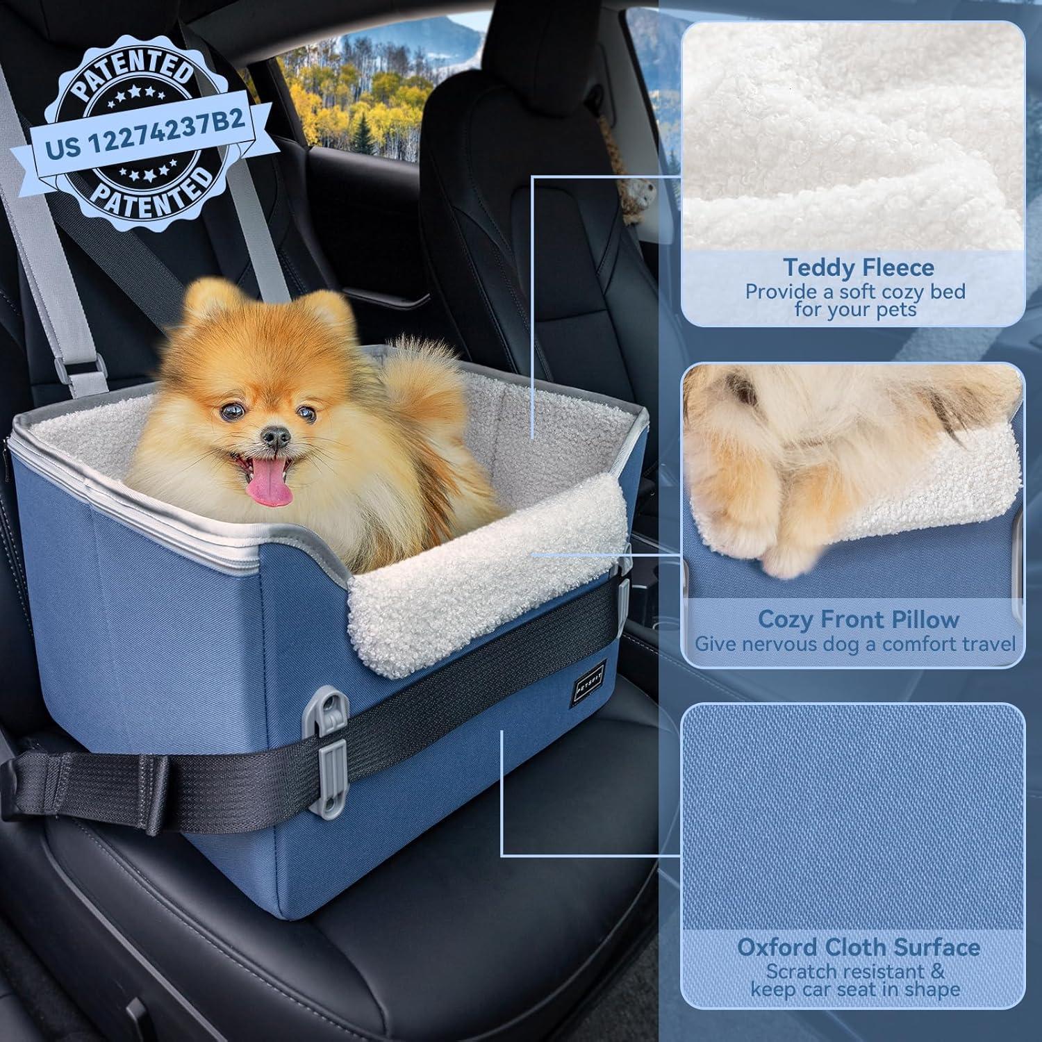 PETSFIT Small Dog Car Seat, Puppy Portable Dog Booster seat for Car with Clip-On Leash, Adjustable Straps Suitable for Small Pets Up to 25lbs ,Navy Blue