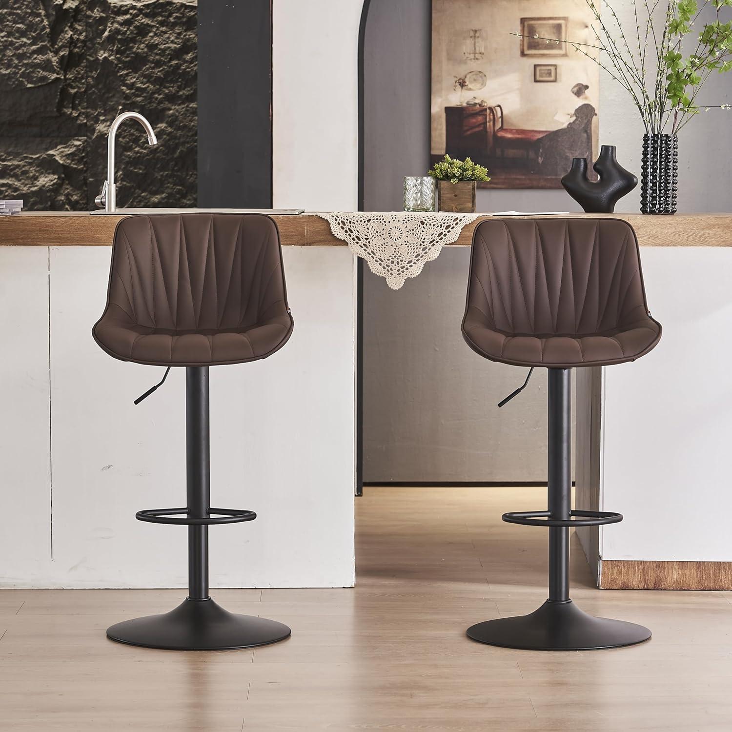 Adjustable Brown Faux Leather Swivel Bar Stools with Metal Base