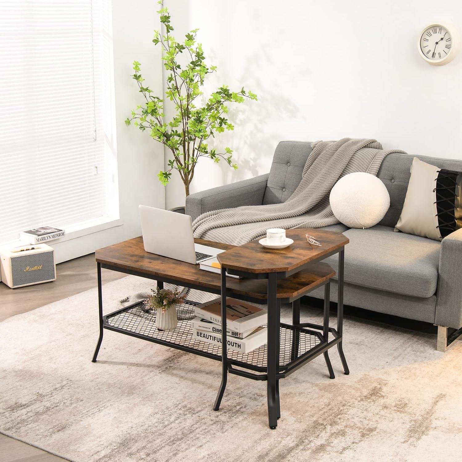 Rustic Brown Narrow Industrial Wood and Metal End Table