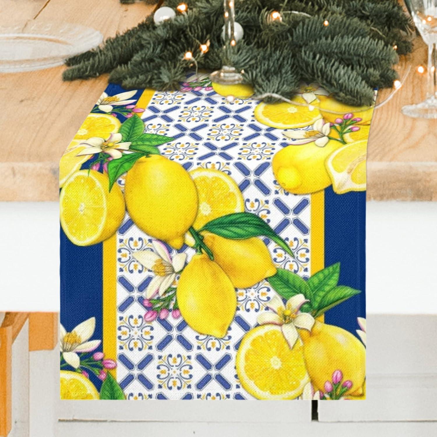 Lemon Burlap Table Runner Seasonal Spring Fall Kitchen Dining Linen Table Decoration for Indoor Outdoor Home Party Dinner 13x72 Inch