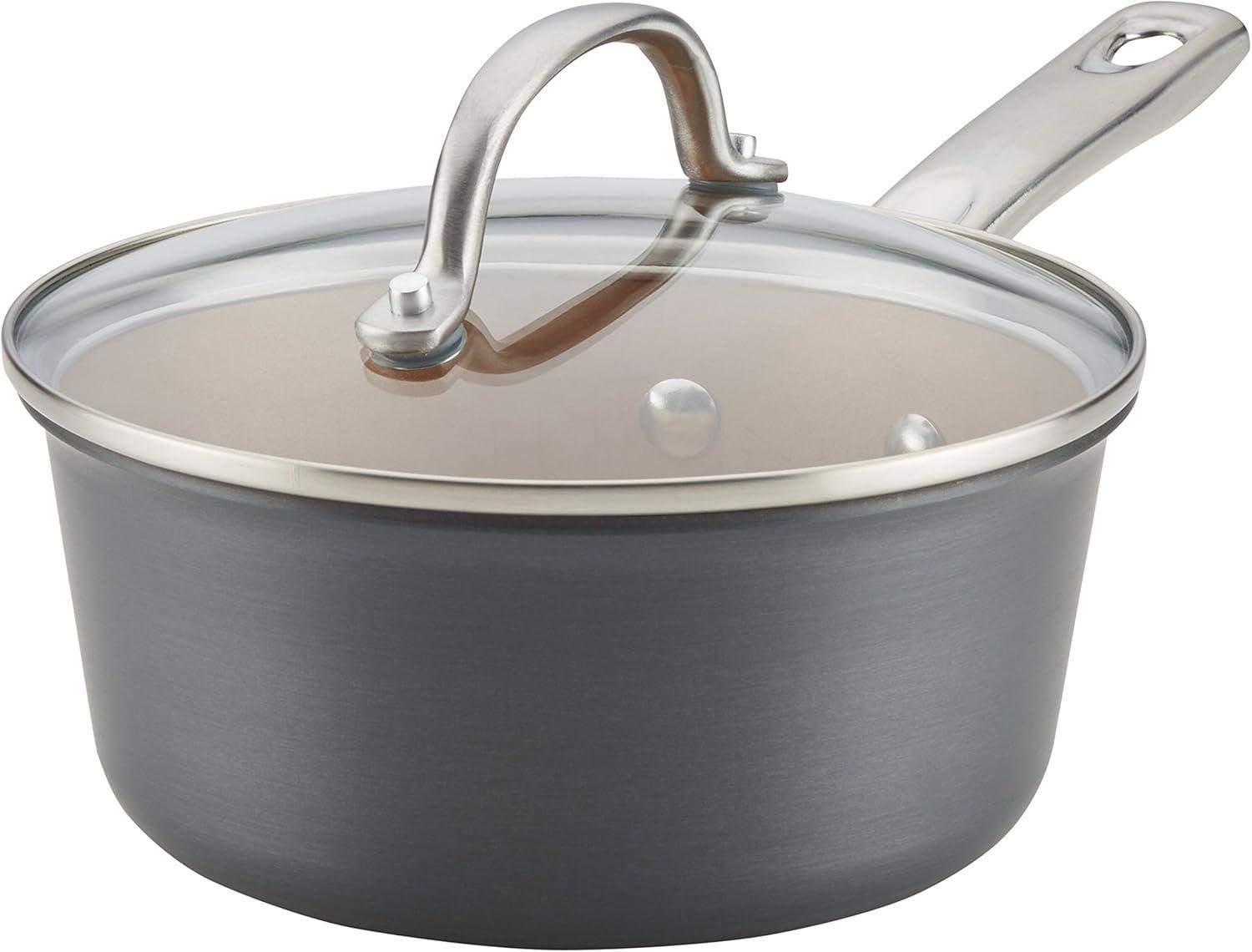 Gray Aluminum Nonstick Saucepan with Glass Lid, 2-Quart