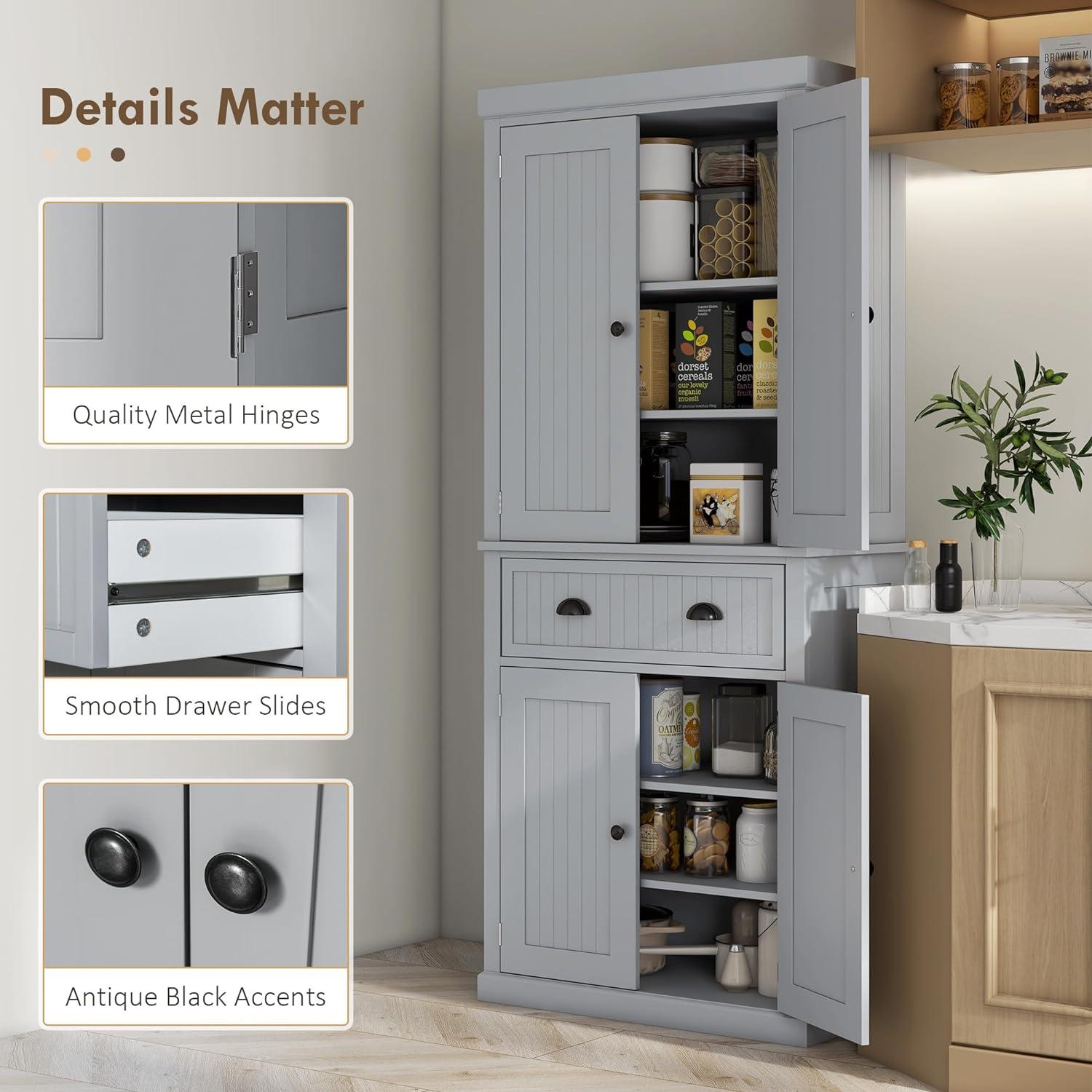 Lark Manor™ 72" Kitchen Pantry Cabinet, Freestanding Tall Storage Cabinet, Traditional Kitchen Cabinet With 4 Doors, Drawer And 3 Adjustable Shelves For Dining Room