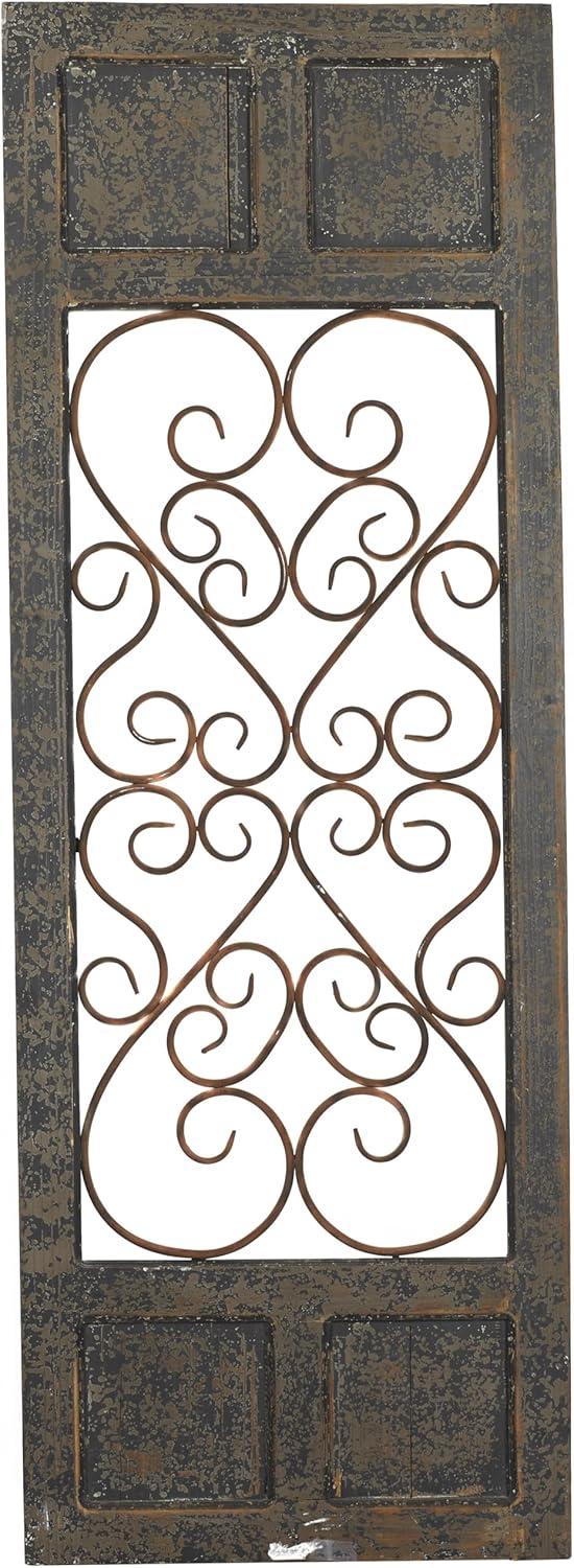Olivia & May Traditional Wood Scroll Window Inspired Wall Decor with Metal Scrollwork Relief Brown: Vertical Iron Frame, Carved Art Object