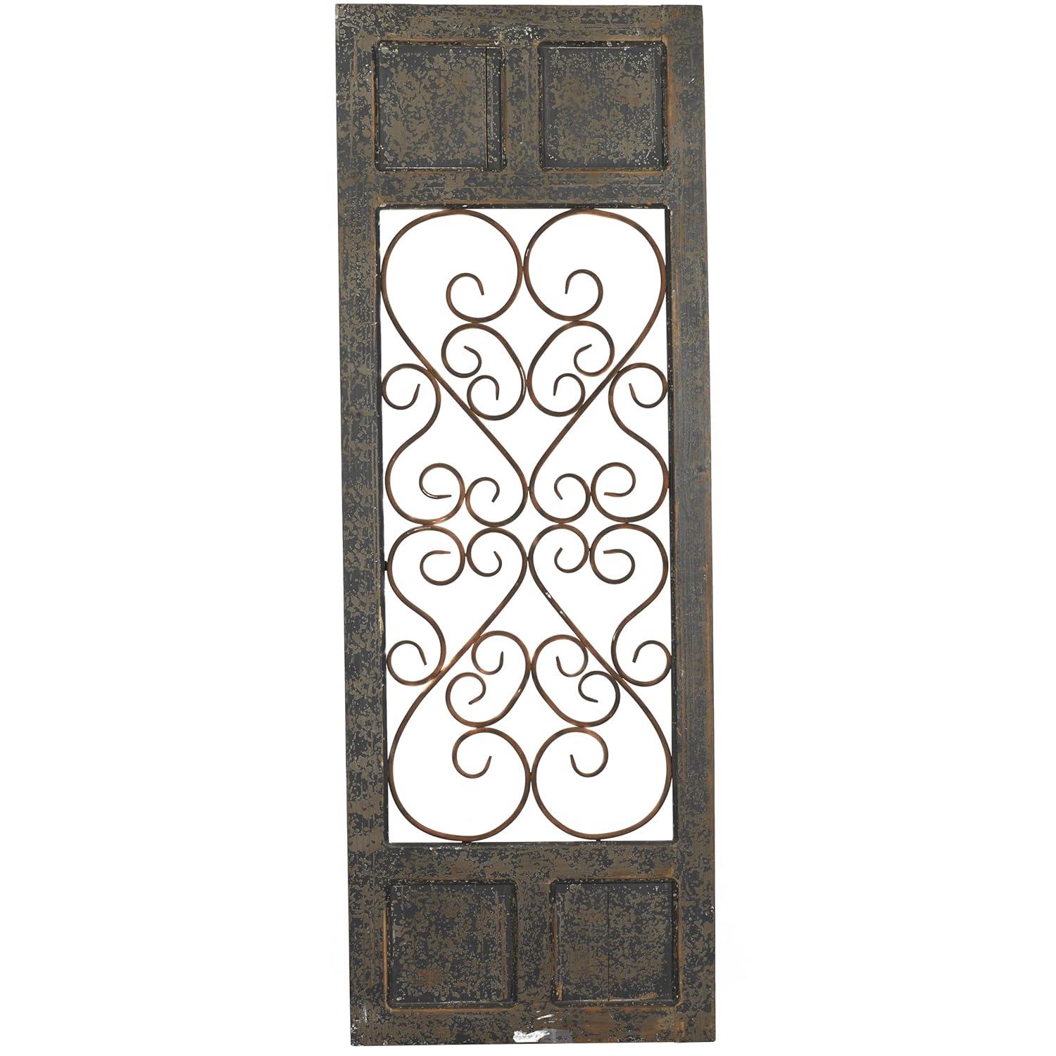Olivia & May Traditional Wood Scroll Window Inspired Wall Decor with Metal Scrollwork Relief Brown: Vertical Iron Frame, Carved Art Object