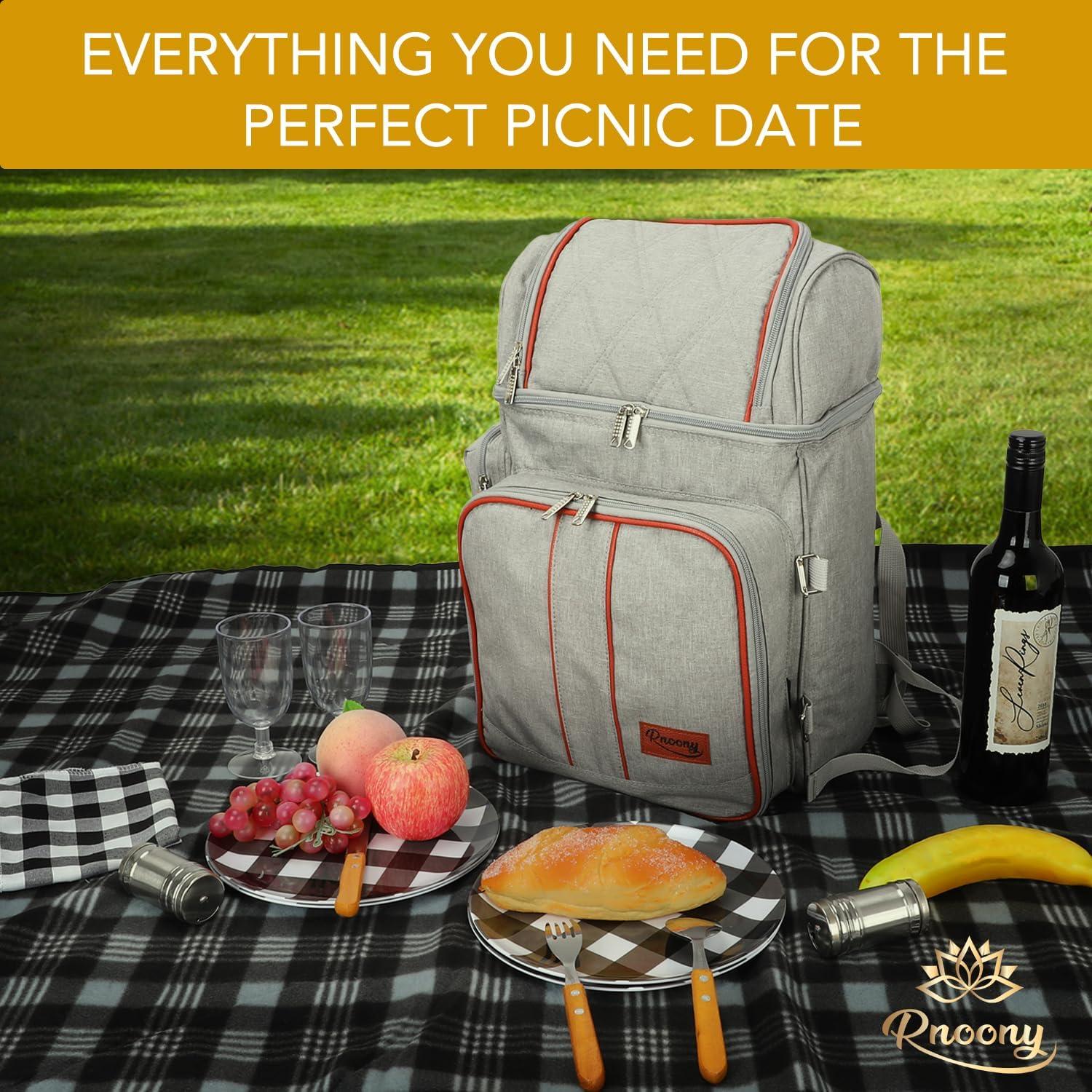 Gray Insulated Picnic Backpack with Blanket and Cutlery Set