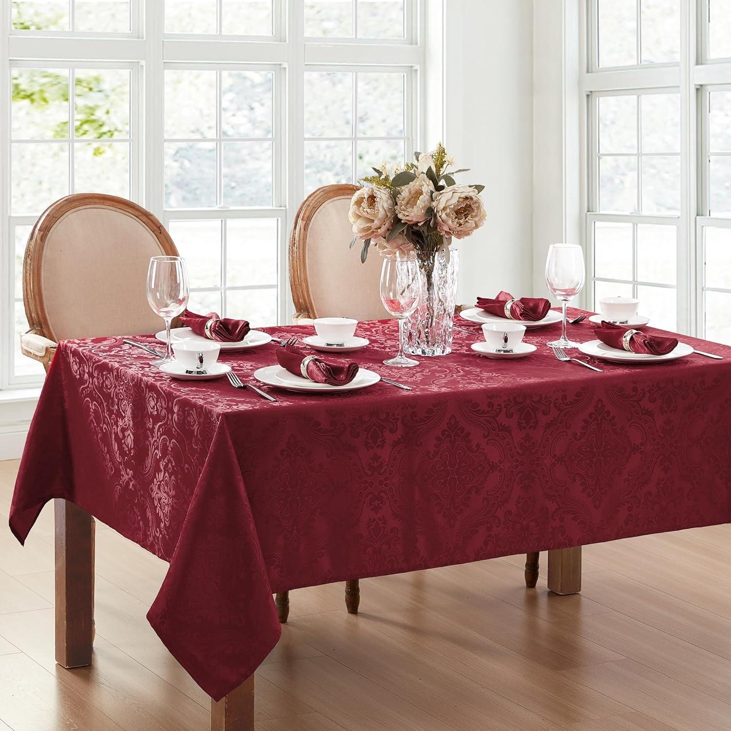 Cranberry Jacquard Damask Stain-Resistant Rectangular Tablecloth