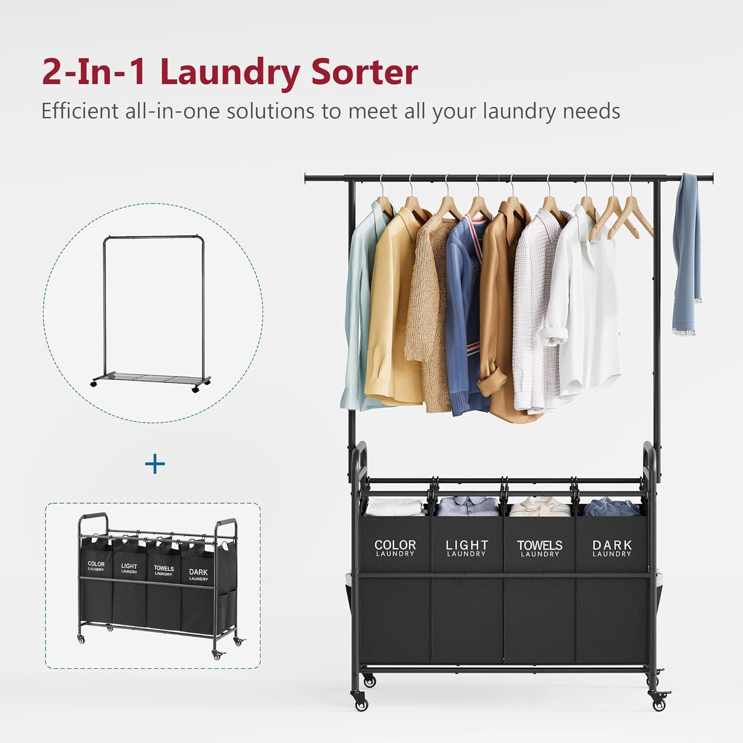 Black Metal Laundry Sorter Cart with Hanging Rack and Wheels