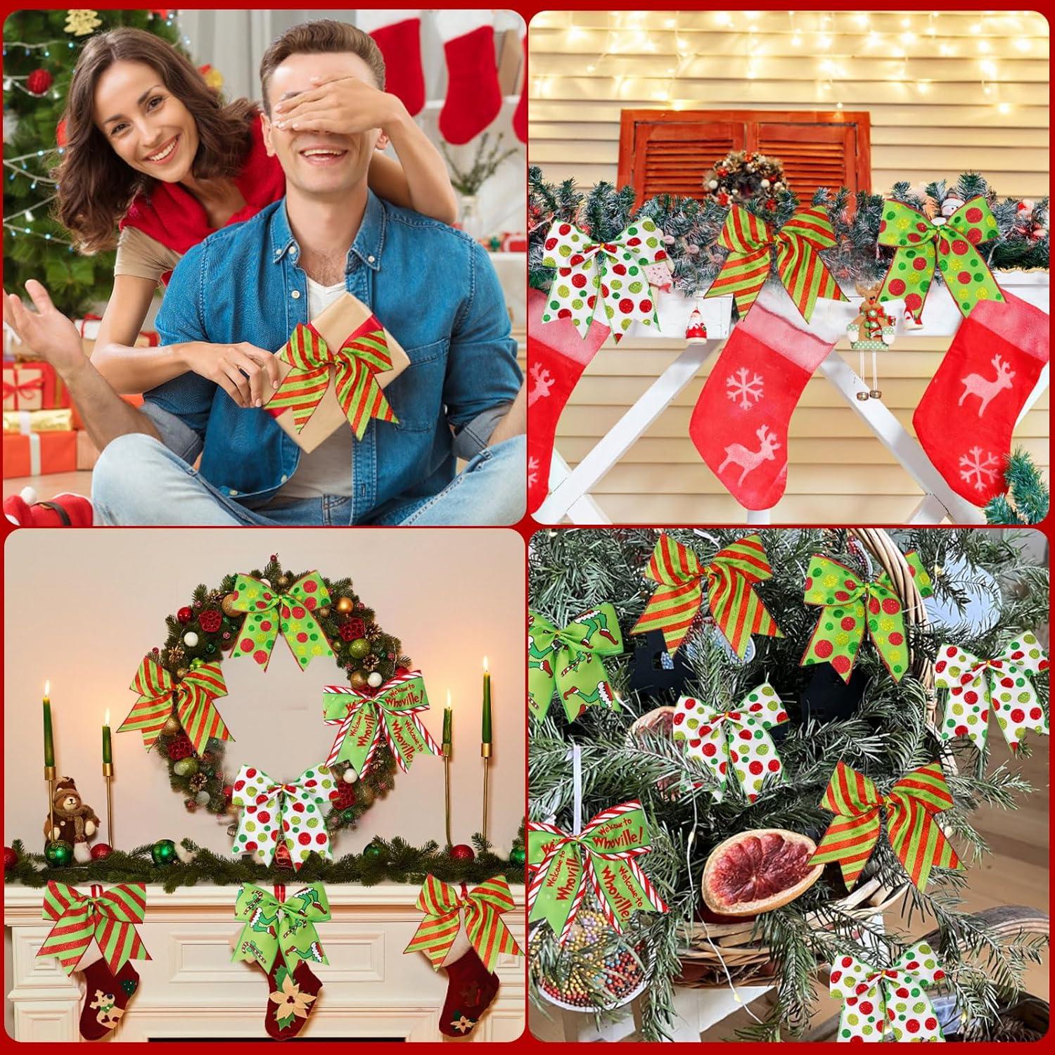 Sandistore Cute Cars 12pcs Christmas Tree Bows Ornaments 6 Inch Large Christmas Wreath Bows Red Green Xmas Tree Bows Christmas Glitter Dot Bows Ribbons Decoration For Garland Diamonds for Crafts