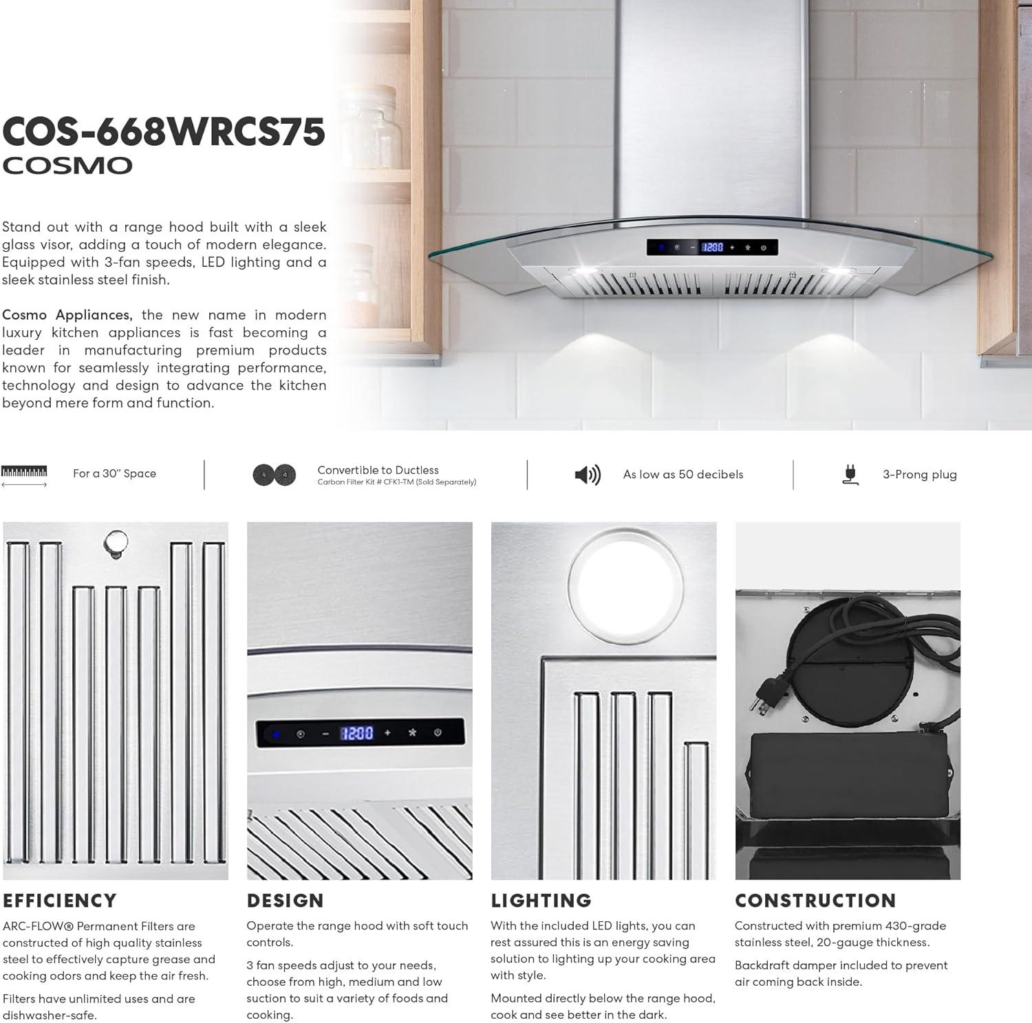 Cosmo 30 in. Ducted Wall Mount Range Hood in Stainless Steel with Touch Controls, LED Lighting and Permanent Filters