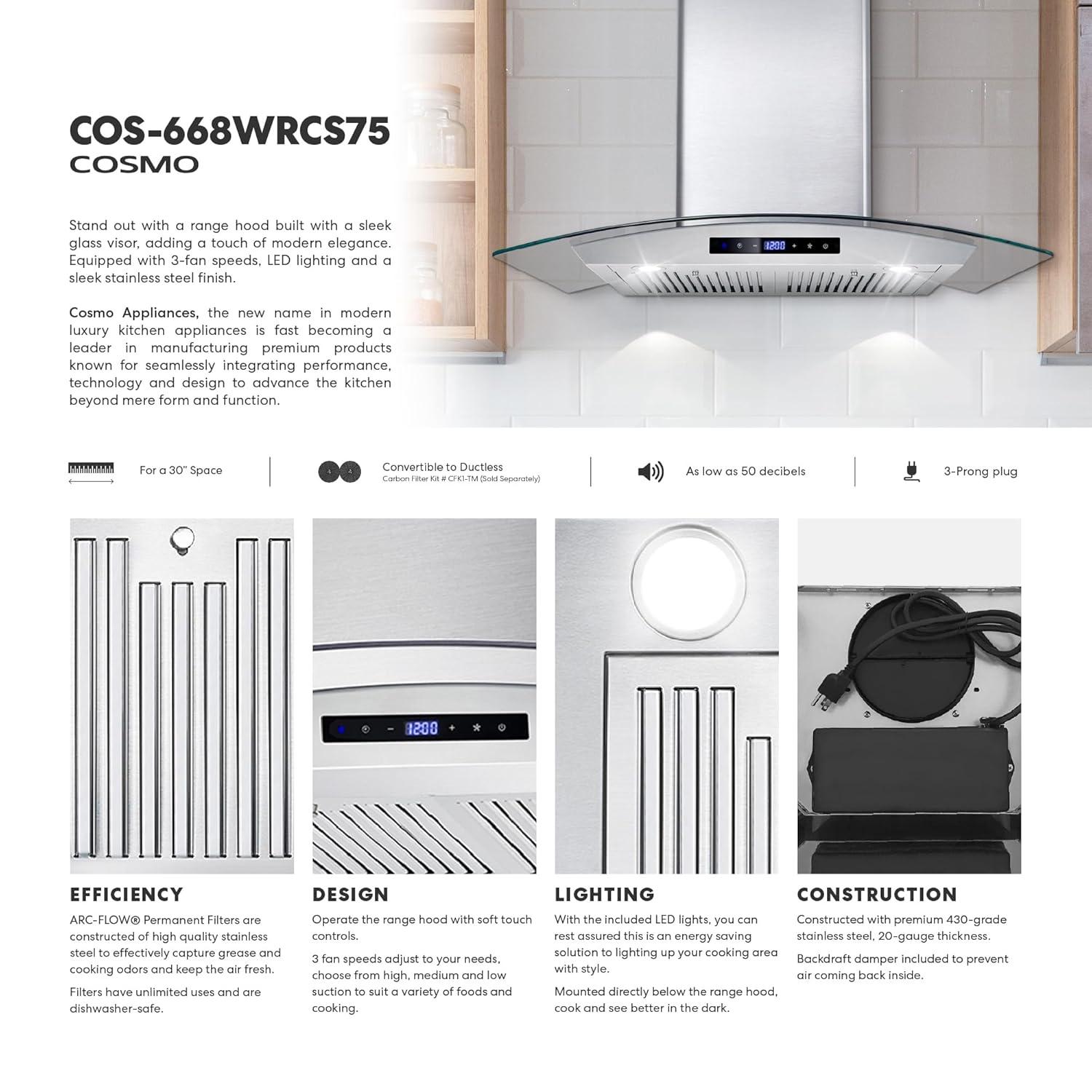 Cosmo 30 in. Ducted Wall Mount Range Hood in Stainless Steel with Touch Controls, LED Lighting and Permanent Filters