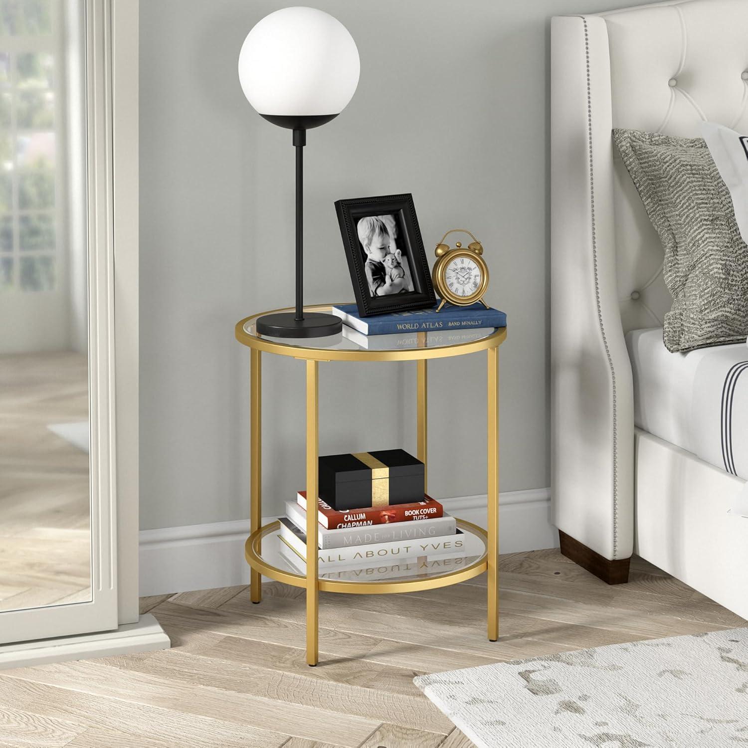 Evelyn&Zoe Sivil 20" Wide Round Side Table with Glass Shelf, Brass