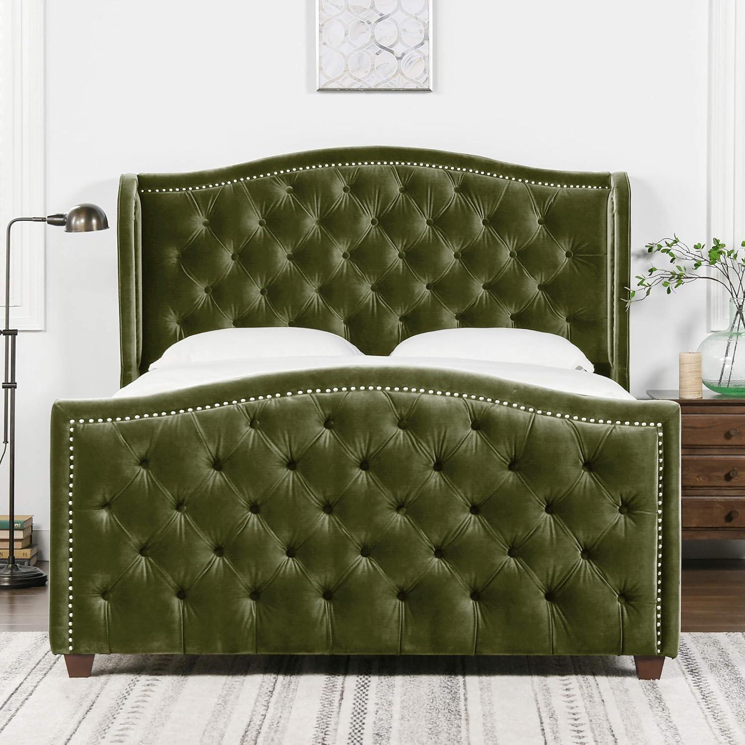 Jennifer Taylor Home Marcella Tufted Wingback Queen Bed Olive Green