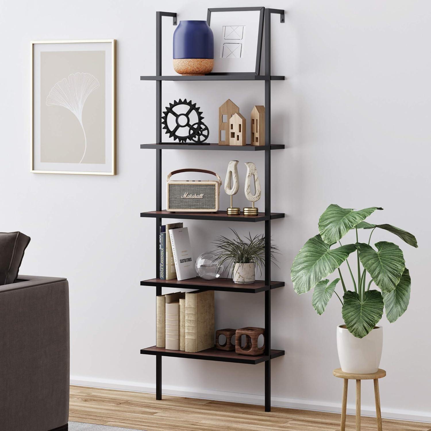 Walnut Brown Matte Black 5-Tier Ladder Bookcase