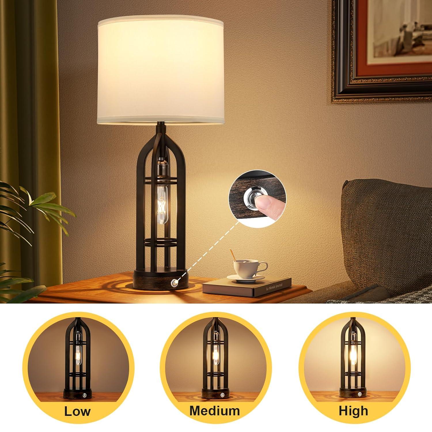 Table Lamp for Living Room - White Farmhouse Lamps for Night Stands with USB C+A, 3 Way End Table Lamps Set of 2, Vintage Bedside Lamp for End Tables, Rustic Nightstand Lamps for Bedroom