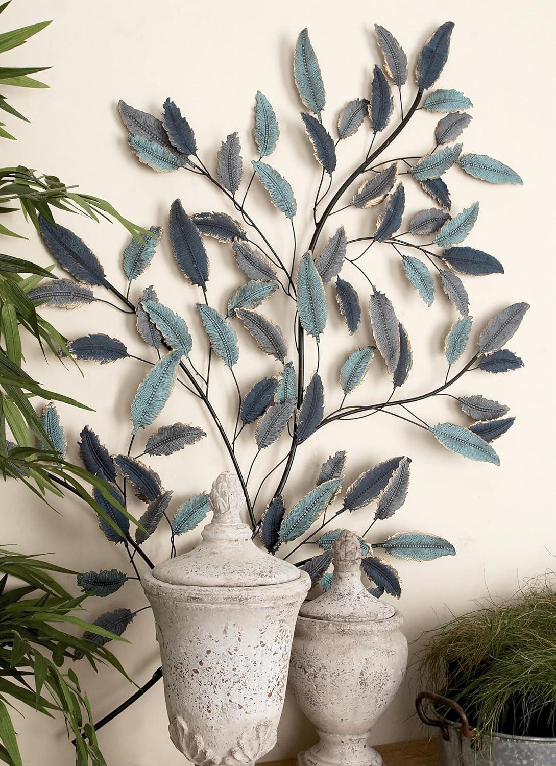 DecMode Blue Metal Leaf Wall Decor with Black Stems