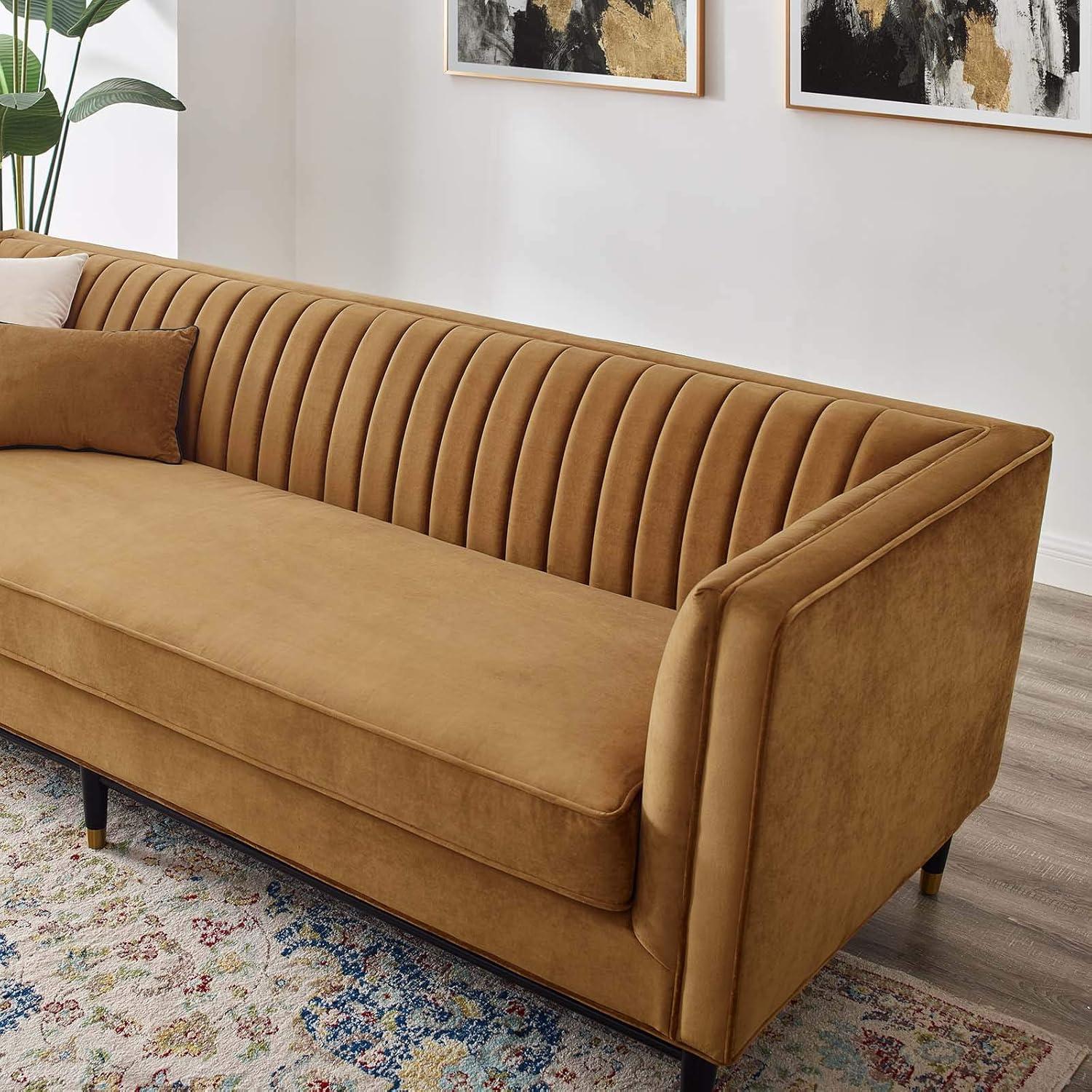 Cognac Velvet Tufted Reception Sofa with Gold Accents