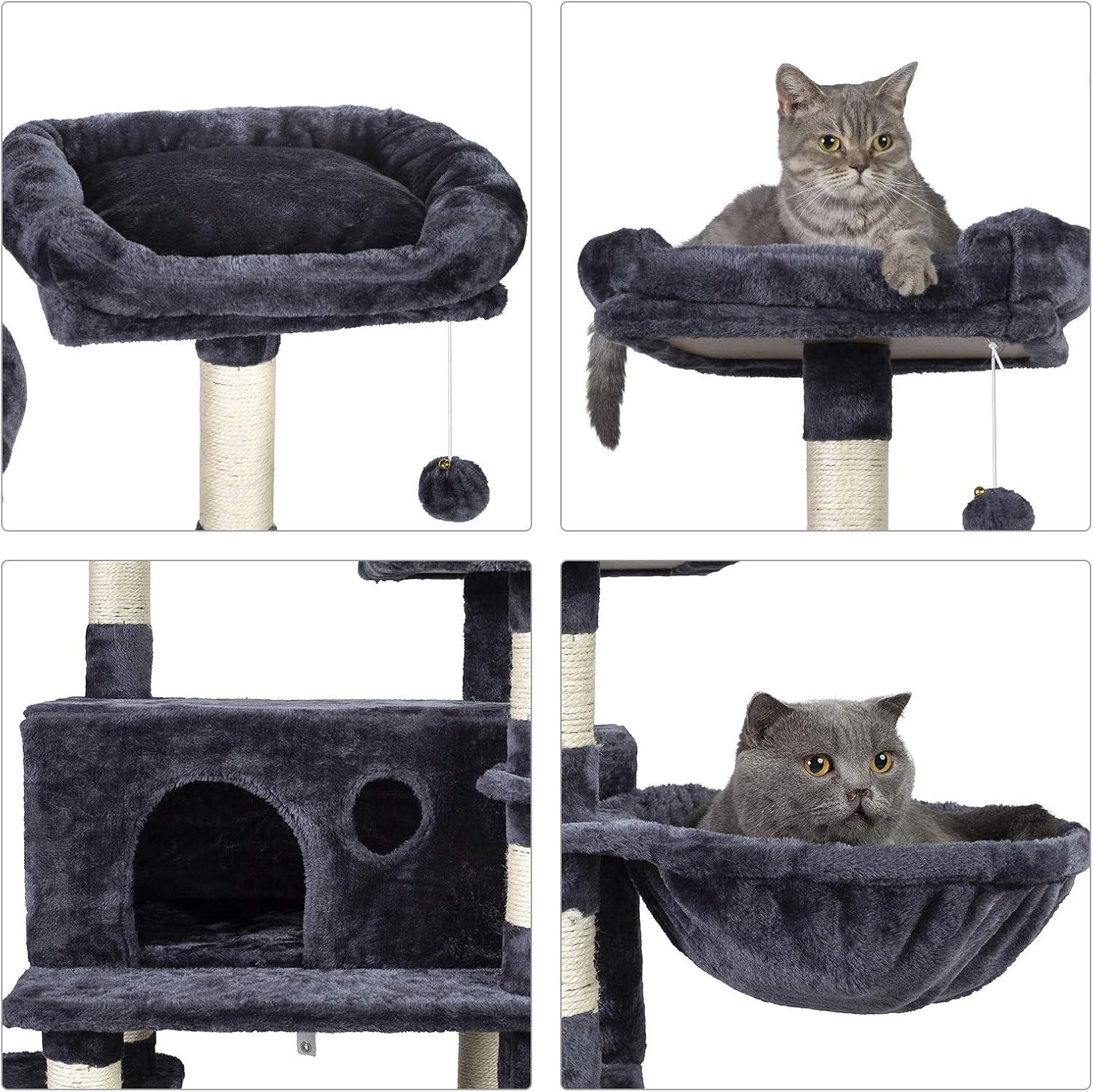 Hey-brother Cat Tree for Large Cats, Cat Tower with Scratching Posts, 2 Padded Plush Perches, Big Condo and Cozy Basket, Smoky Gray MPJ025G