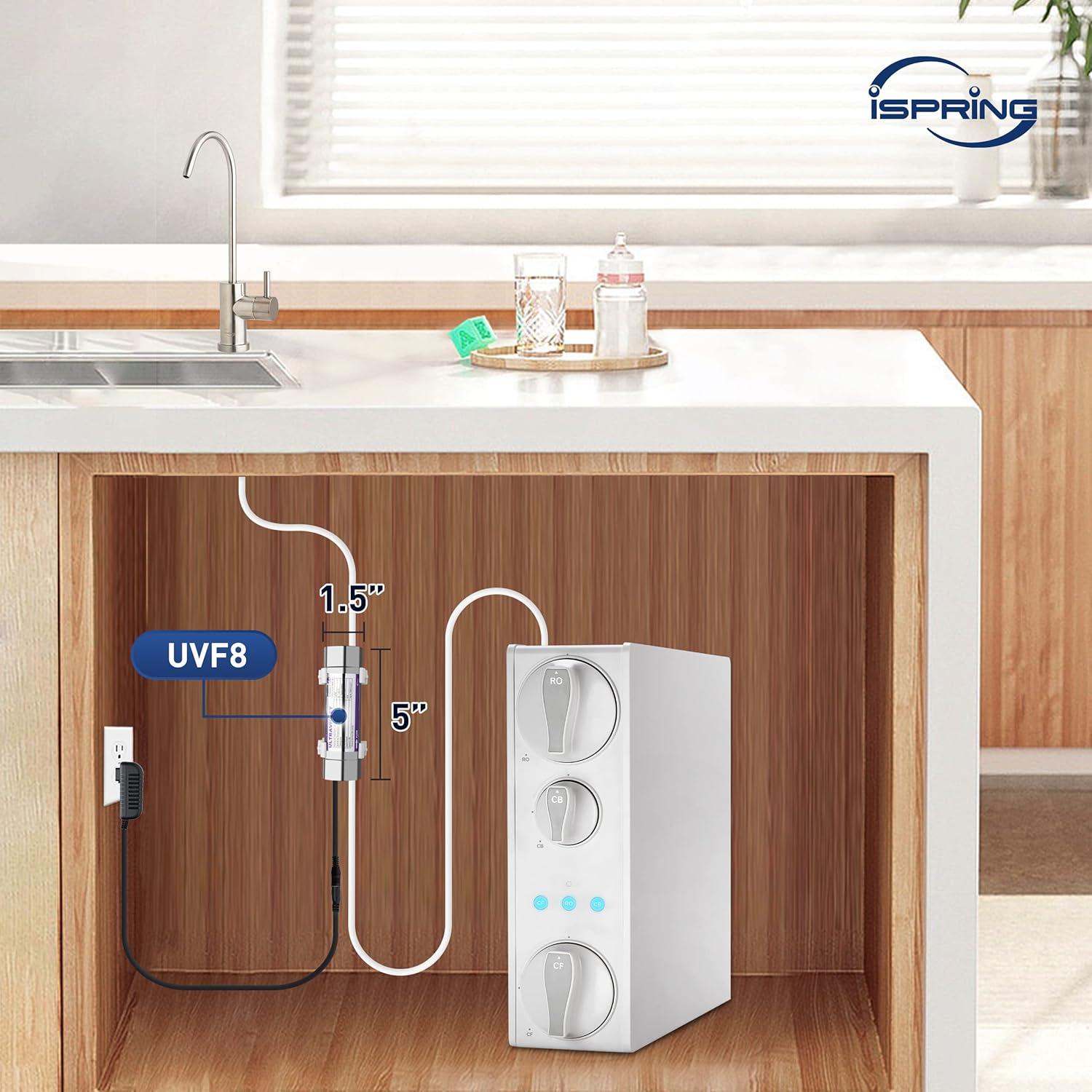 iSpring UVF8 LED UV Water Filter, Add-on Kit for Under Sink Water Filtration Systems, Mercury-Free, Stainless Steel