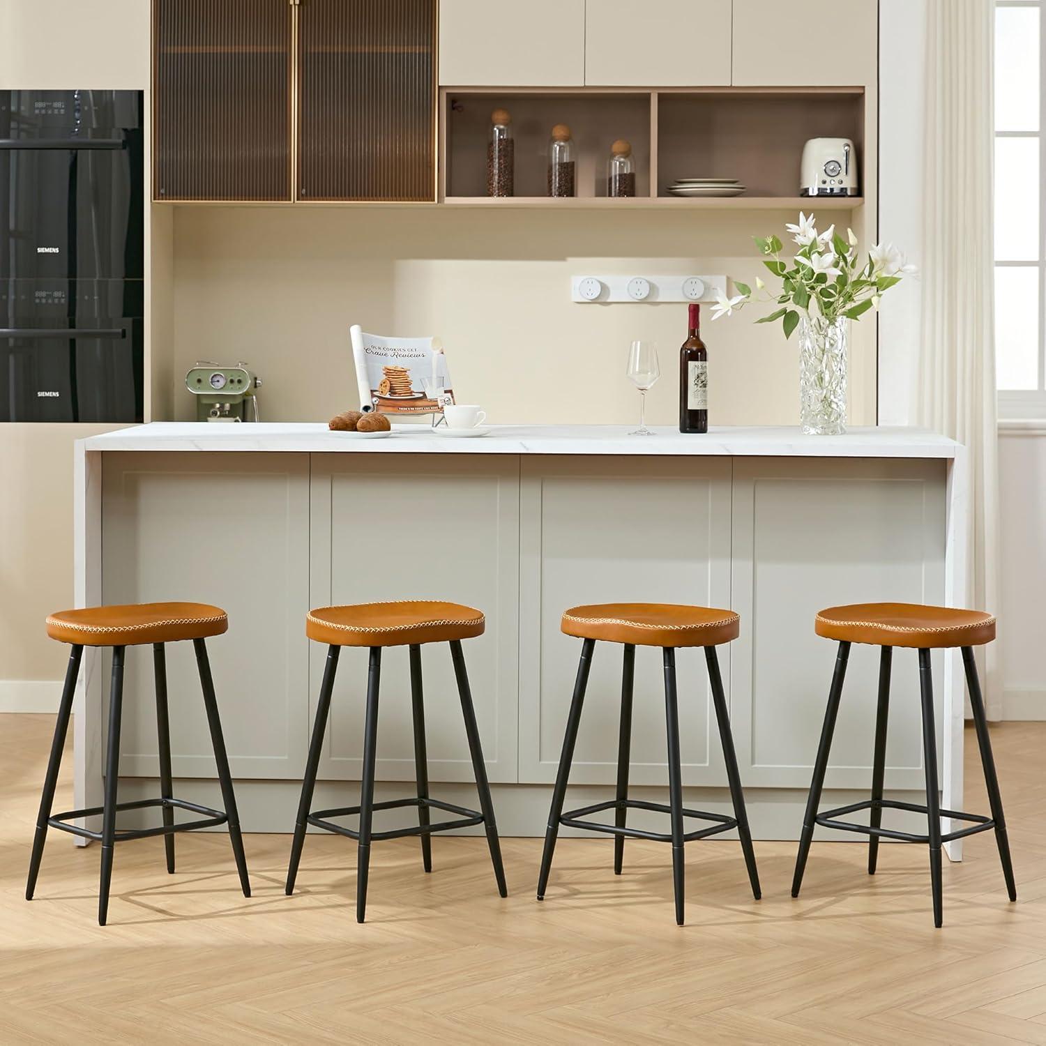 Adjustable Brown Faux Leather Saddle Bar Stools with Metal Legs