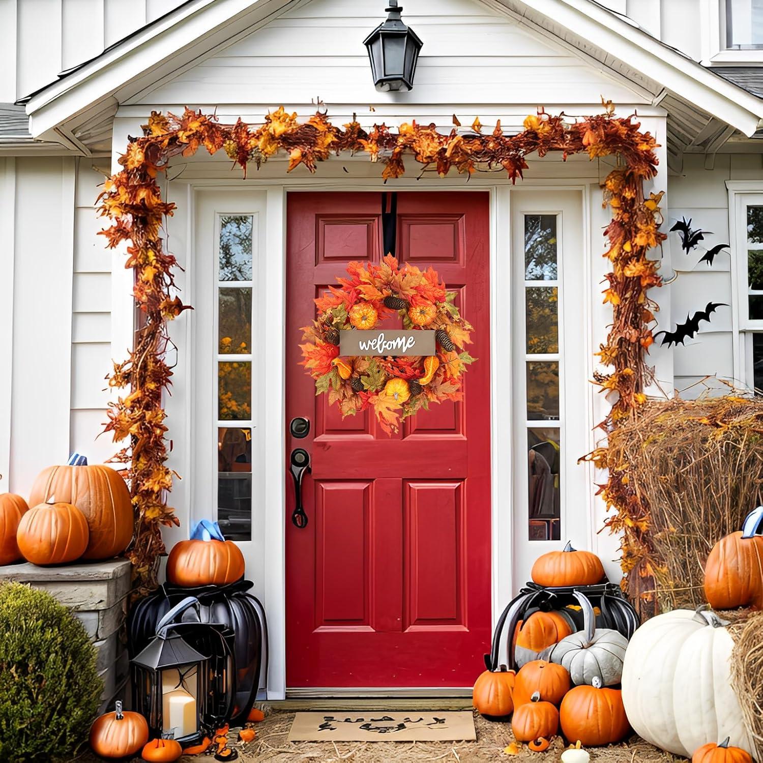 Fall Wreath 20’’ Autumn Front Door Wreath Harvest Wreath with Sunflower Pumpkins Berries Maple Leaves Daisies for Outside Indoor Home Wall Festival Thanksgiving Autumn Farmhouse Decor