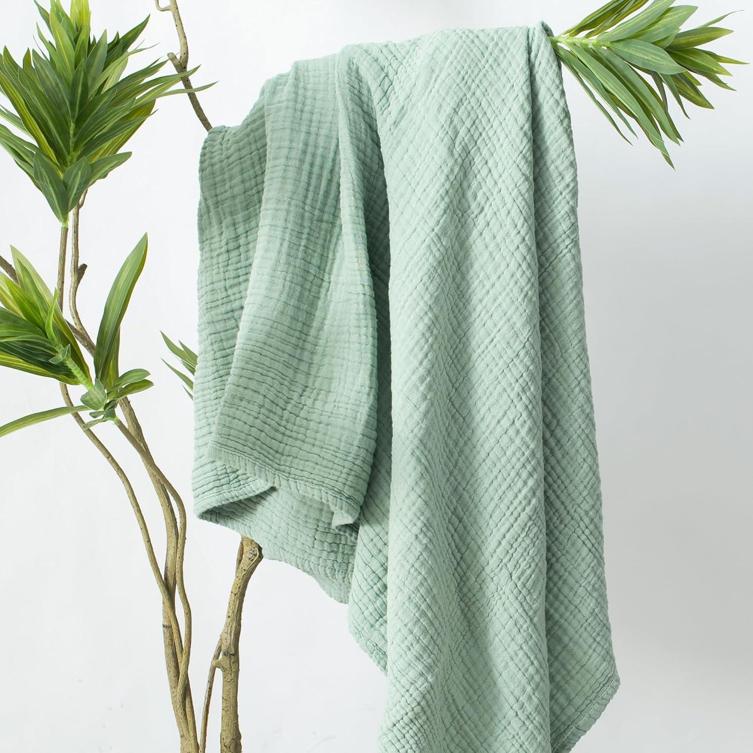 Sage Green Cotton Muslin Reversible Throw Blanket 70" x 80"