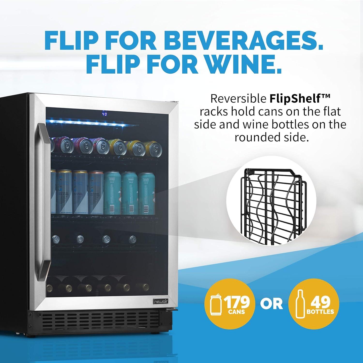 Newair FlipShelf 24" Wine and Beverage Refrigerator 179 Cans or 49 Bottles, Reversible Shelves, Built-in Fridge or Freestanding Drinks and Wine Cooler