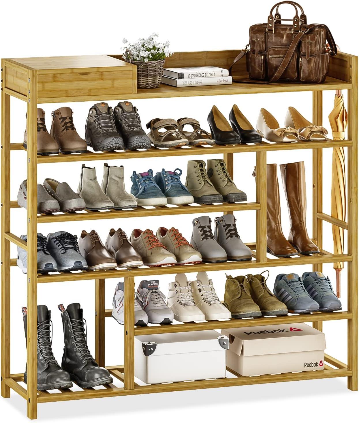 Natural Bamboo Freestanding Shoe Rack with Adjustable Shelves