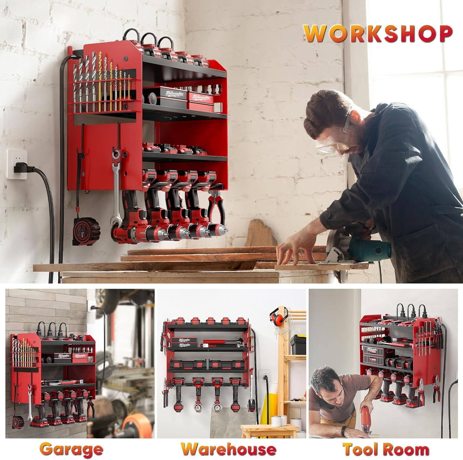 Heavy-Duty Red Metal Power Tool Organizer with Charging Station