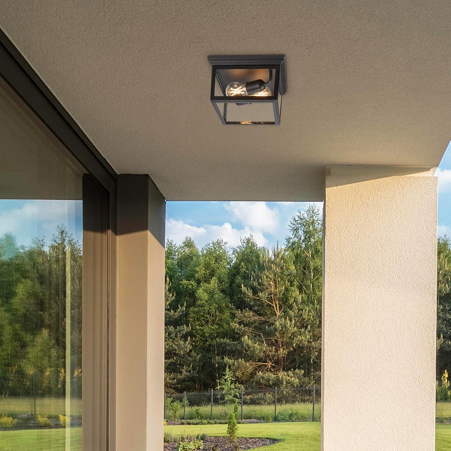 Maxxima 9 in. Outdoor / Indoor Flush Mount Ceiling Light Fixture, Black Porch Light w/ Clear Glass, Bulbs Not Included