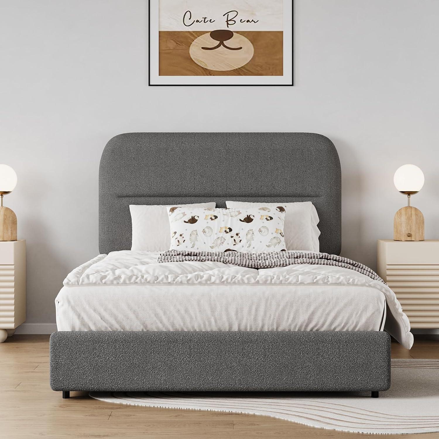 Gray Boucle Upholstered Twin Bed Frame with Headboard