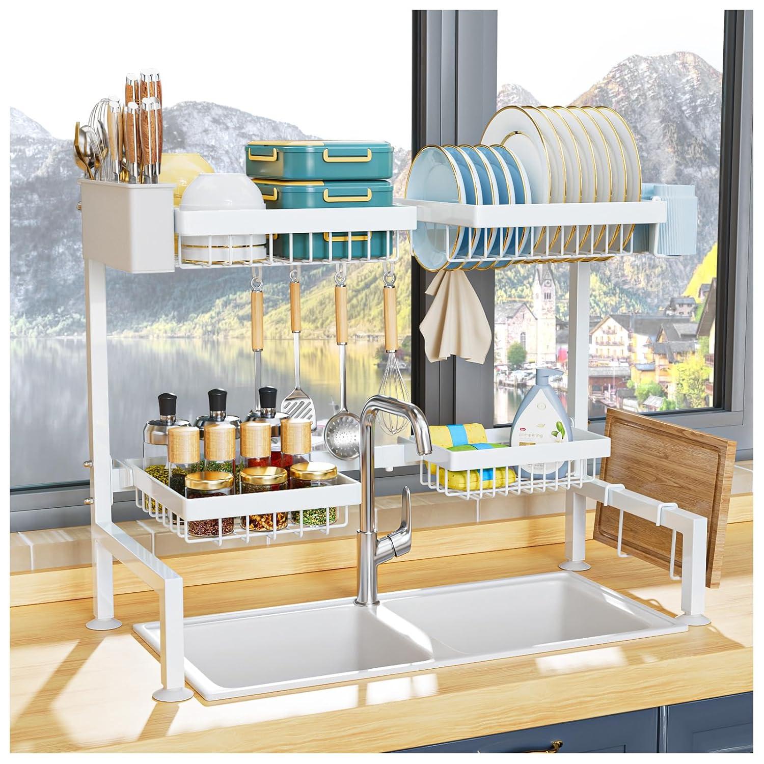 YKLSLH Over Sink Dish Drying Rack, Expandable Large Drying Rack, Suitable for Most Sinks (24.8"-35.4"), Adjustable Metal Rack, Space Saving, White