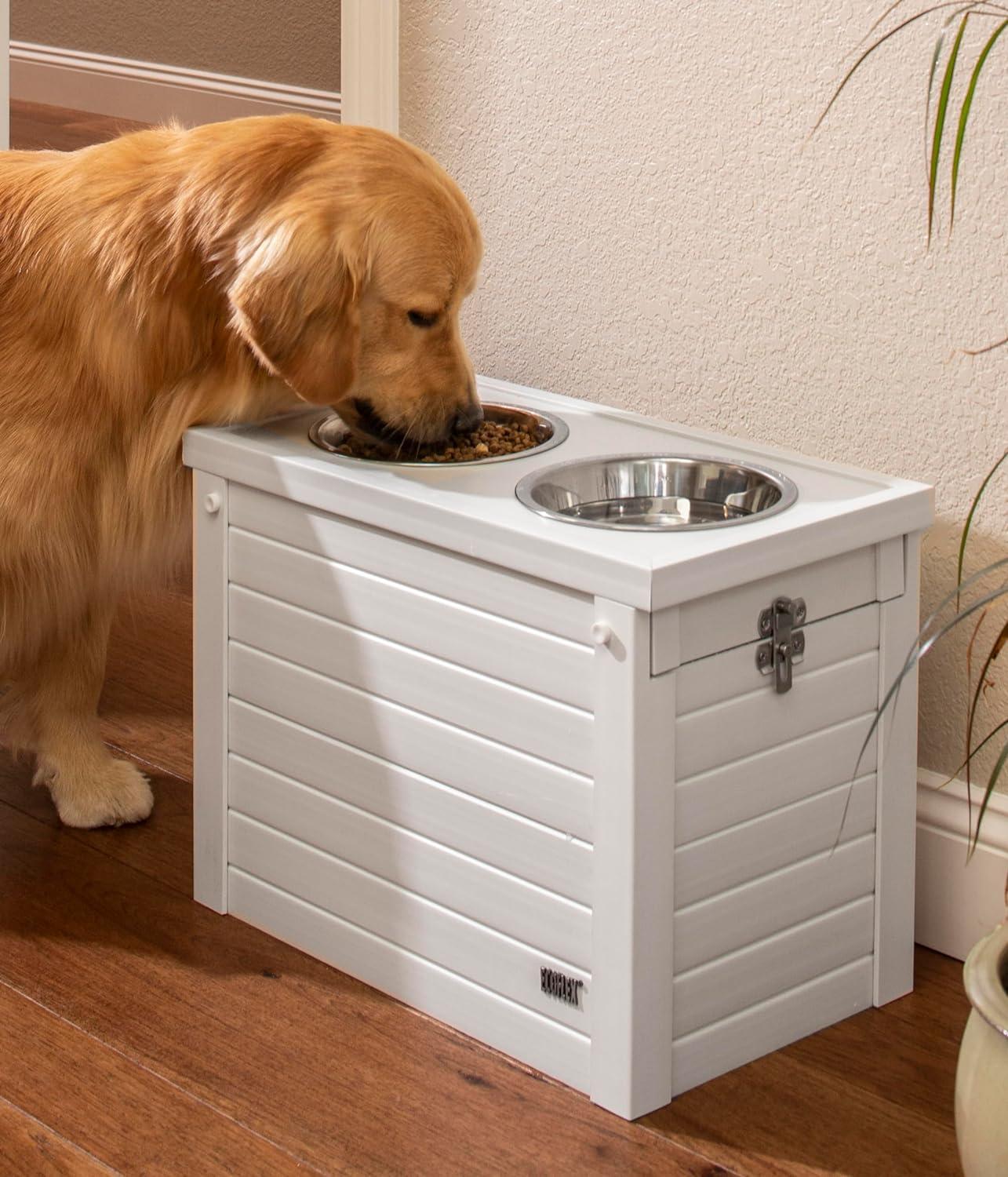 Antique White Elevated Dog Feeder with Stainless Steel Bowls