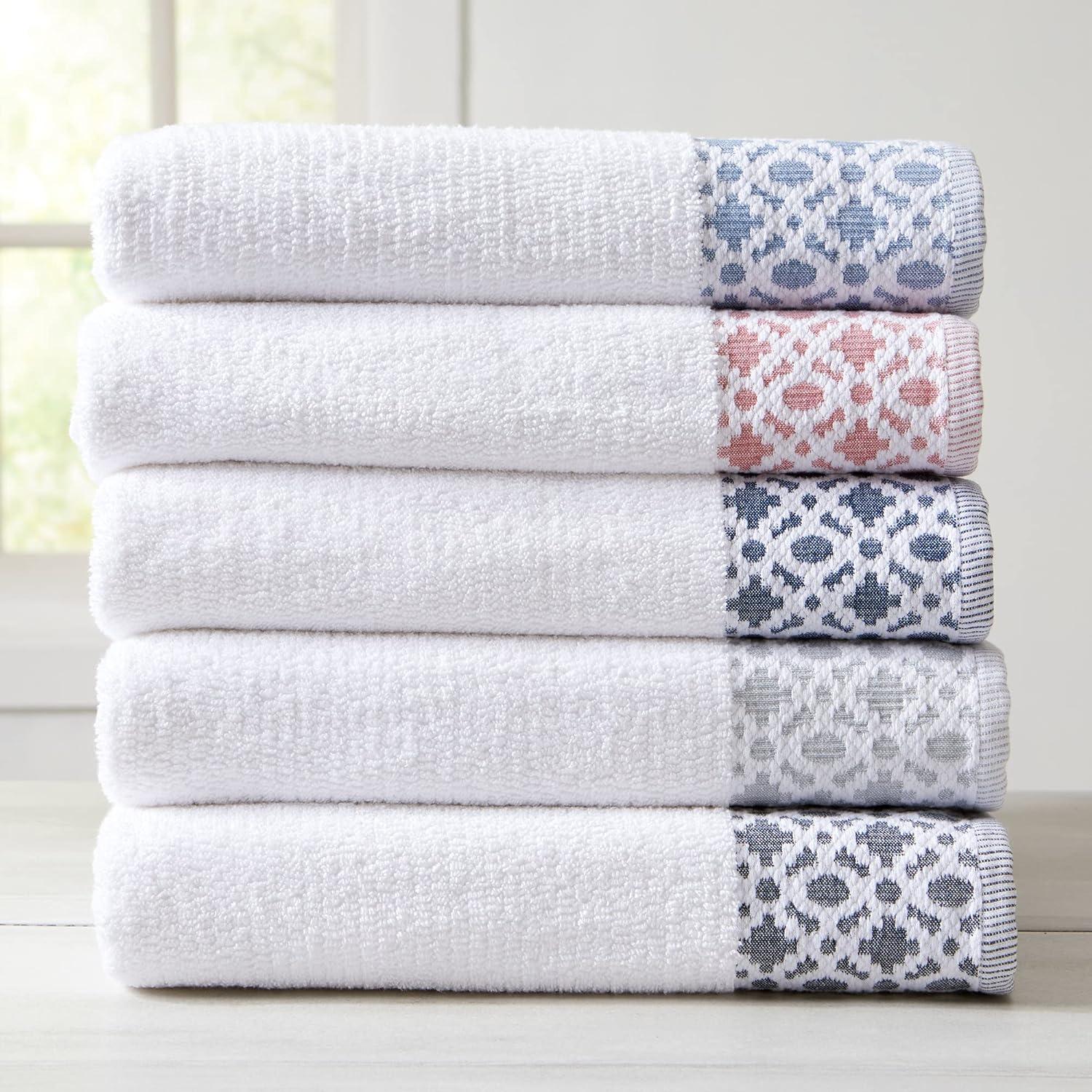 Nitra White and Navy Cotton Towel Set with Geometric Border