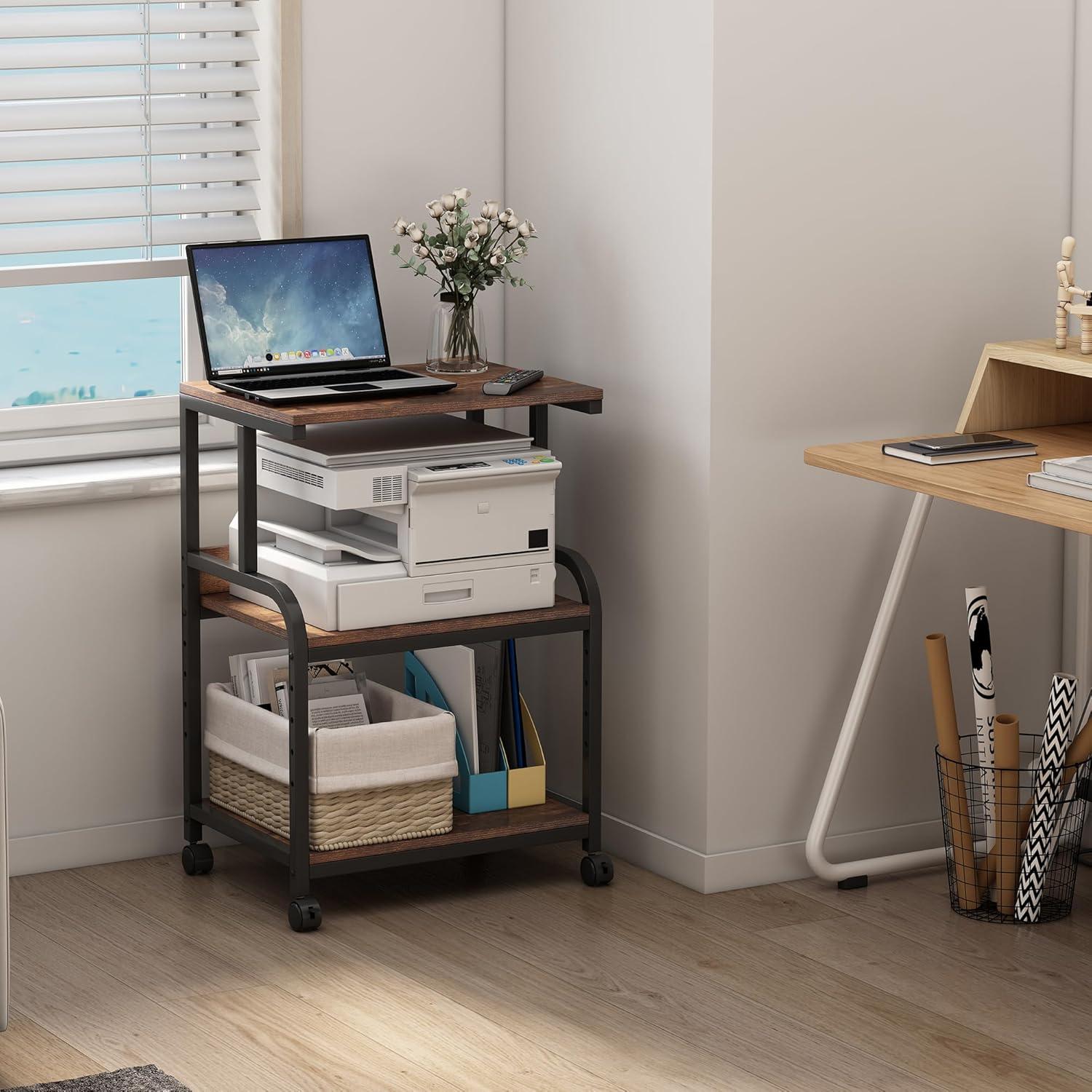 Rustic Brown 3-Shelf Rolling Printer Stand with Black Metal Frame